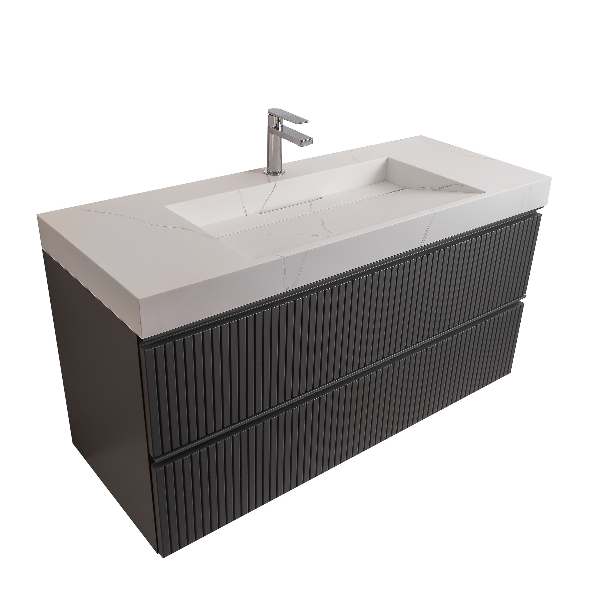 Ares 47.5 Matte Grey Cabinet, Solid Surface Matte White Top Carrara Infinity Sink, Wall Mounted Modern Vanity Set Bath Trends USA