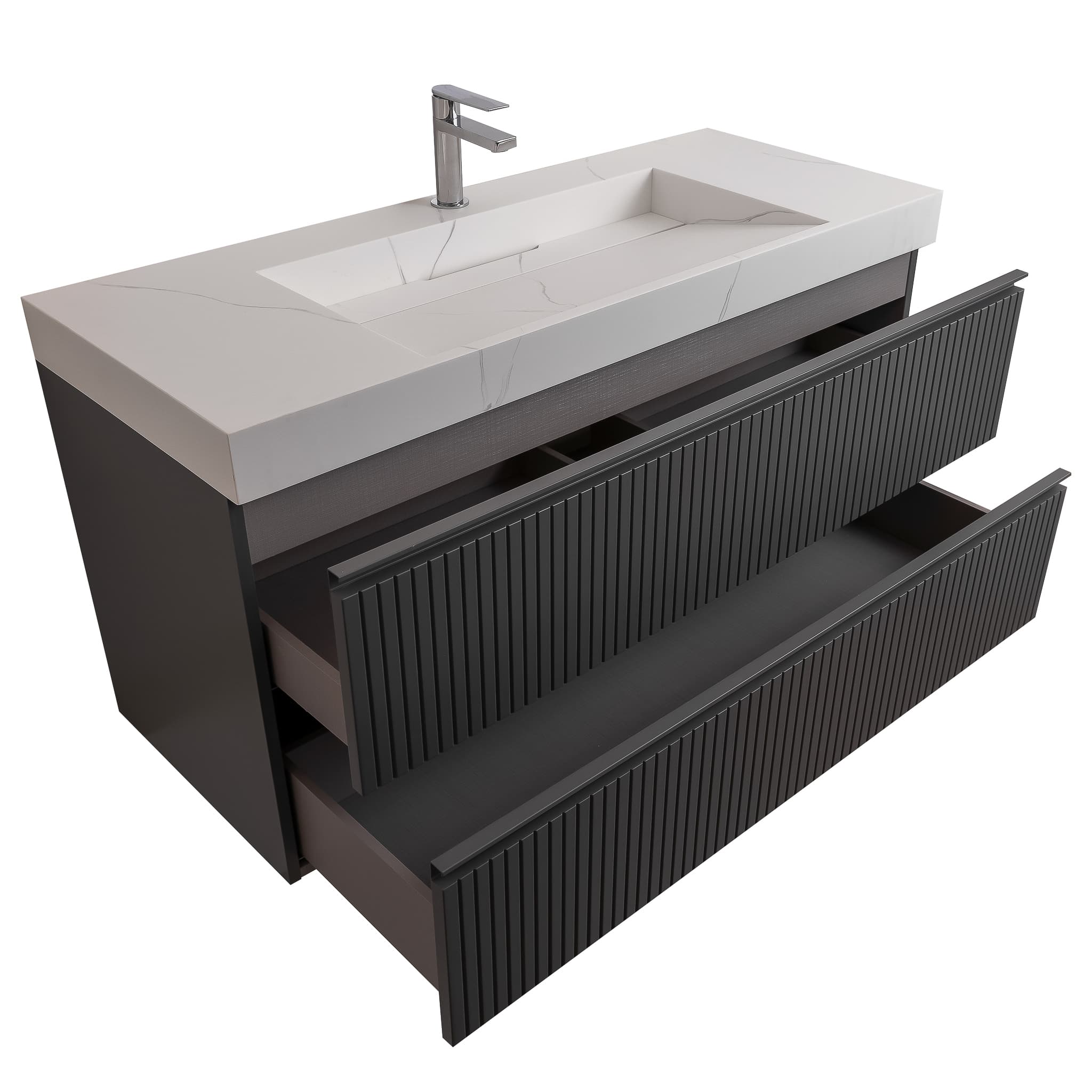 Ares 47.5 Matte Grey Cabinet, Solid Surface Matte White Top Carrara Infinity Sink, Wall Mounted Modern Vanity Set