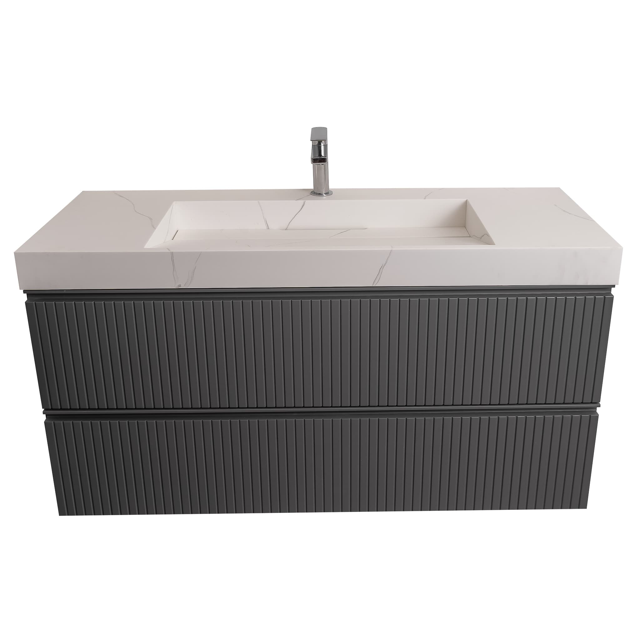 Ares 47.5 Matte Grey Cabinet, Solid Surface Matte White Top Carrara Infinity Sink, Wall Mounted Modern Vanity Set