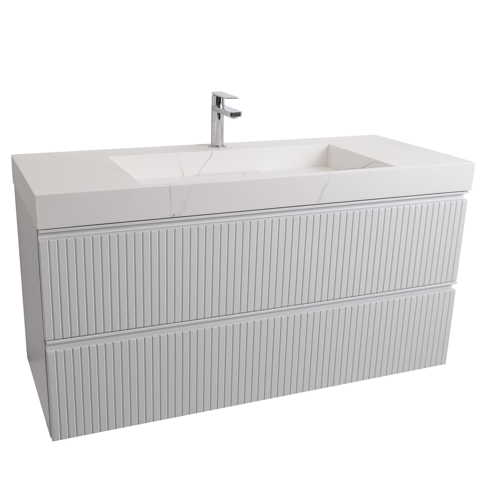 Ares 47.5 Matte White Cabinet, Solid Surface Matte White Top Carrara Infinity Sink, Wall Mounted Modern Vanity Set