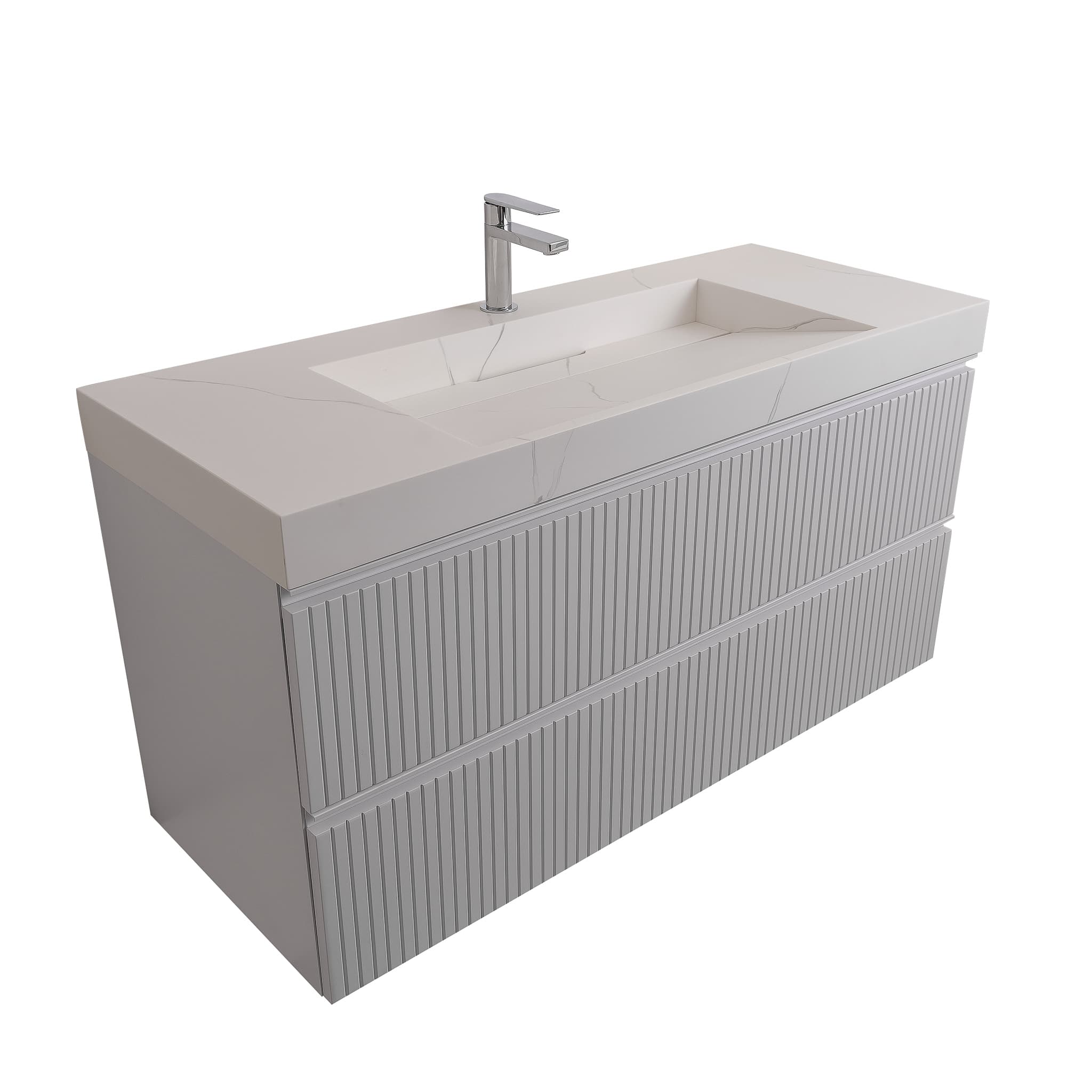 Ares 47.5 Matte White Cabinet, Solid Surface Matte White Top Carrara Infinity Sink, Wall Mounted Modern Vanity Set