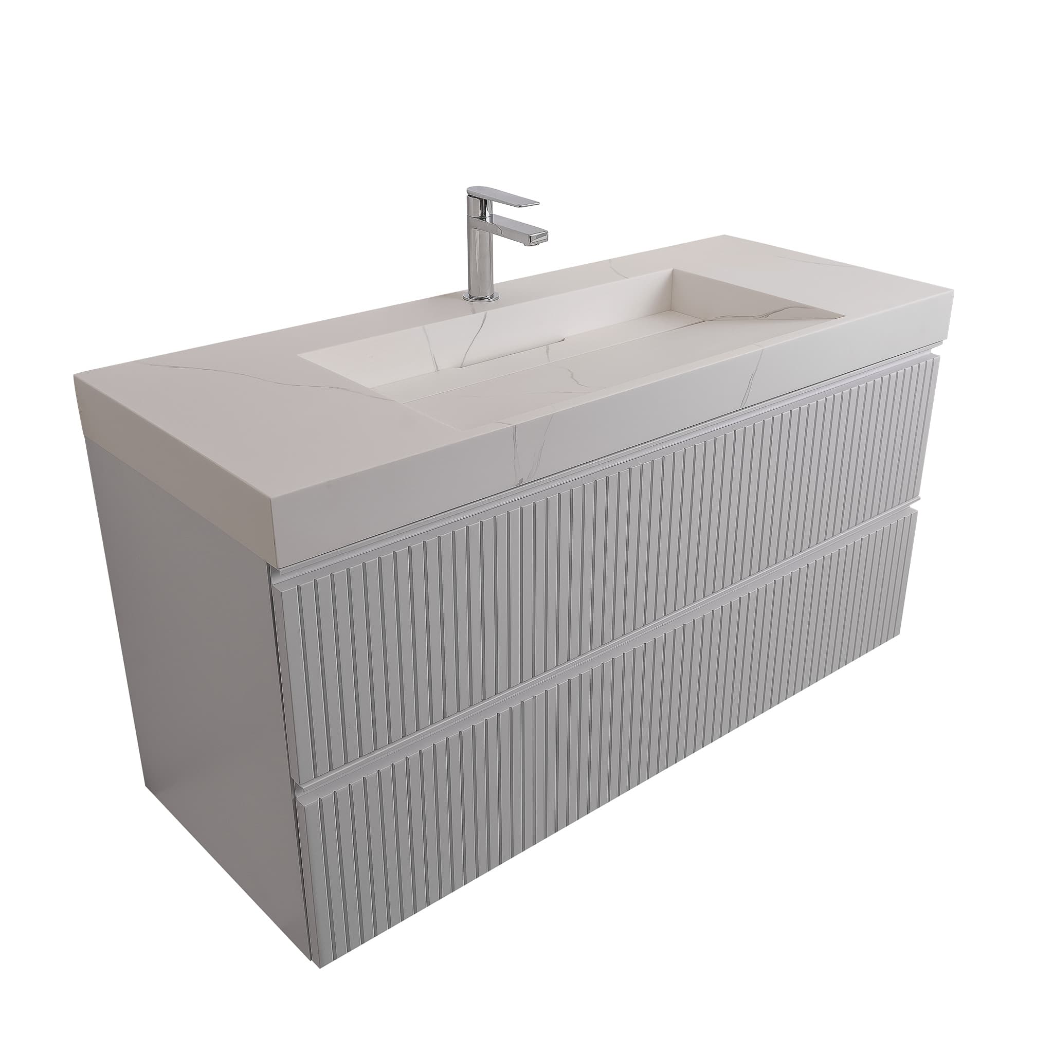 Ares 47.5 Matte White Cabinet, Solid Surface Matte White Top Carrara Infinity Sink, Wall Mounted Modern Vanity Set Bath Trends USA