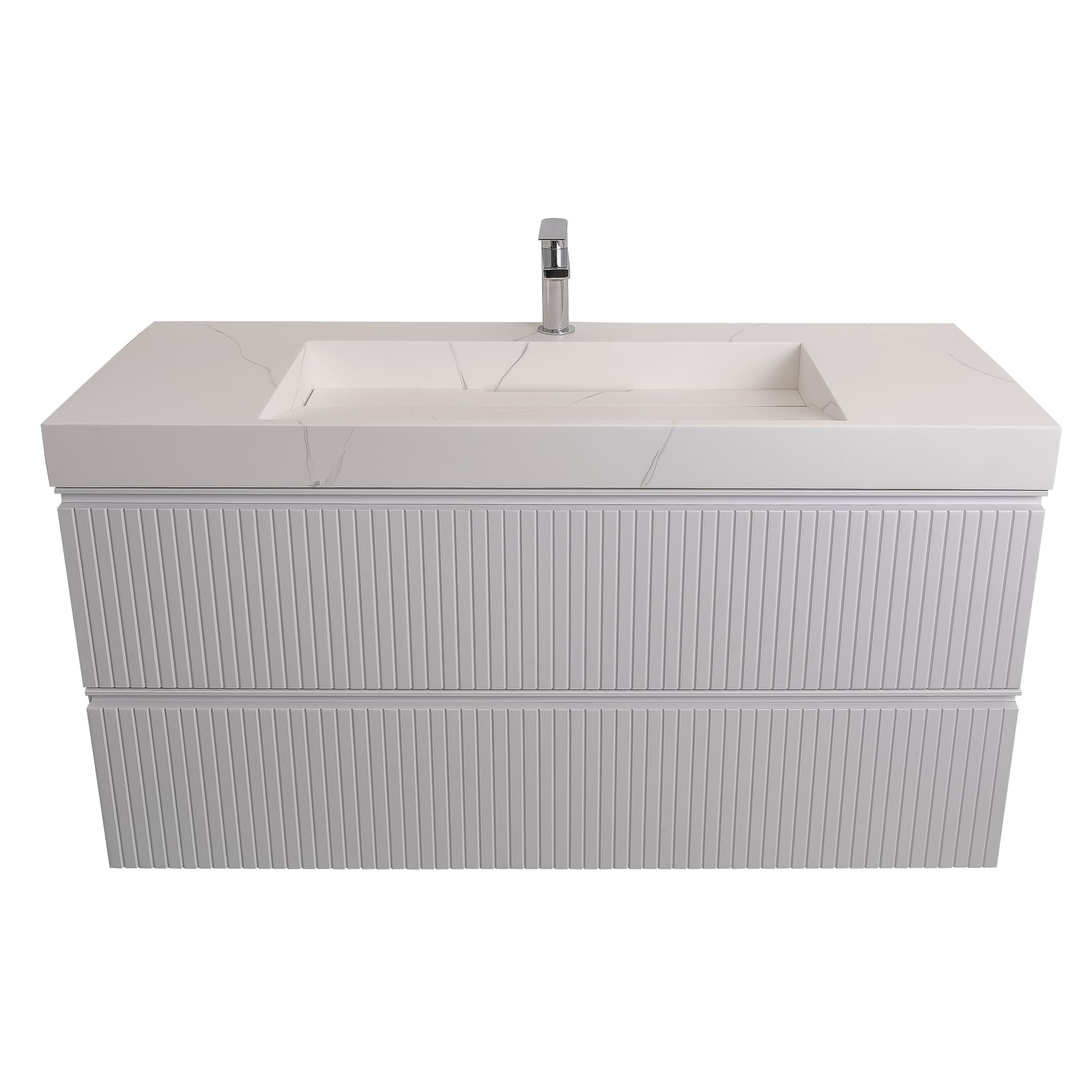 Ares 47.5 Matte White Cabinet, Solid Surface Matte White Top Carrara Infinity Sink, Wall Mounted Modern Vanity Set