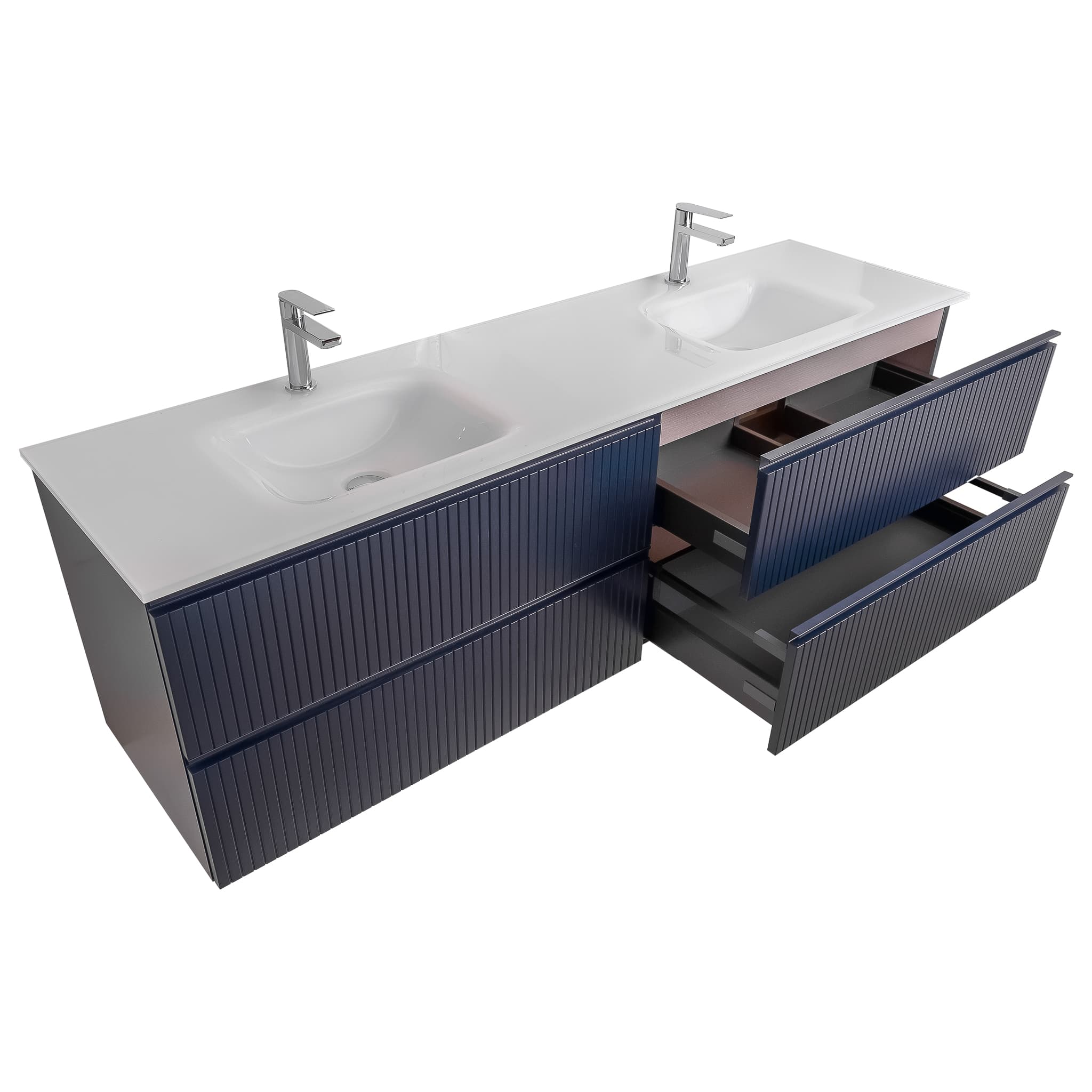Ares 63 Matte Navy Blue Cabinet, White Tempered Glass Double Sink, Wall Mounted Modern Vanity Set