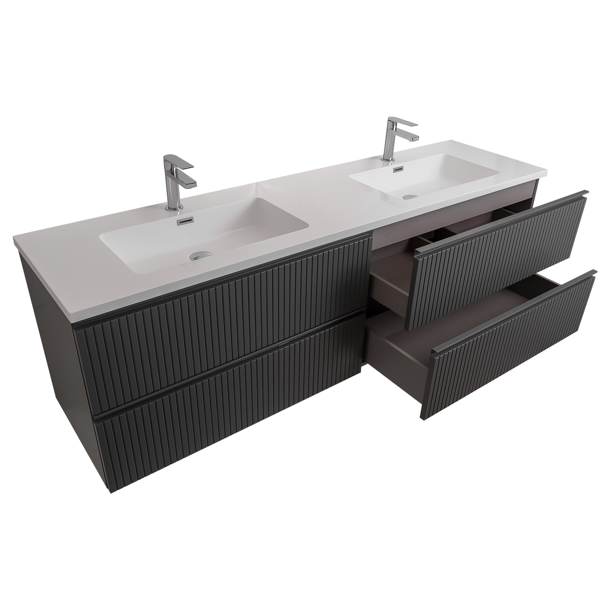 Ares 63 Matte Grey Cabinet, Square Cultured Marble Double Sink, Wall Mounted Modern Vanity Set