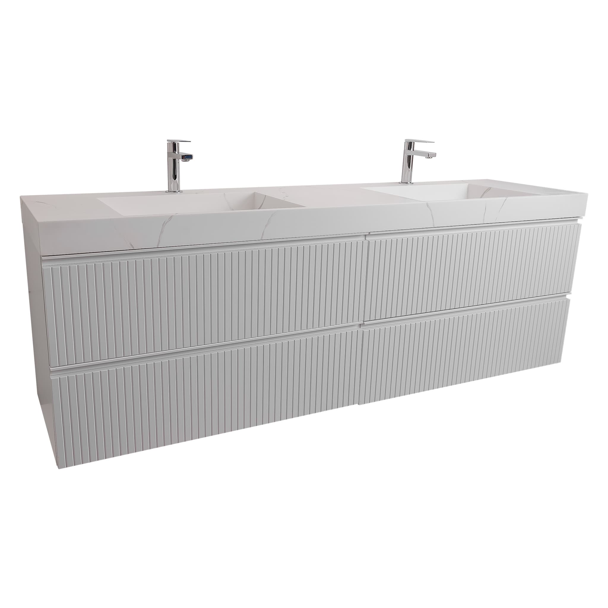 Ares 63 Matte White Cabinet, Solid Surface Matte White Top Carrara Infinity Double Sink, Wall Mounted Modern Vanity Set