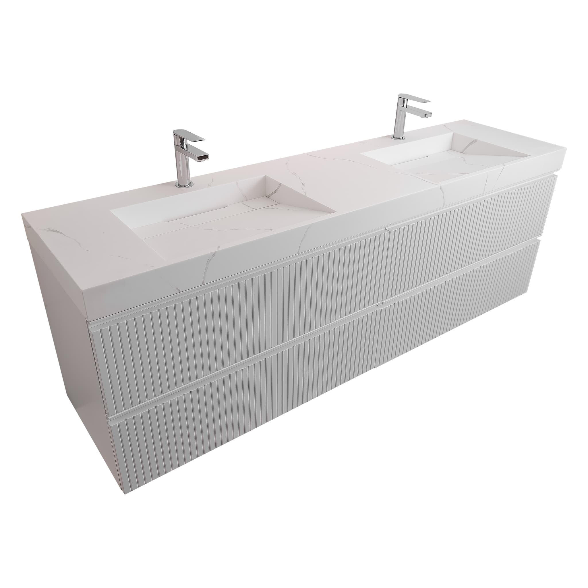 Ares 63 Matte White Cabinet, Solid Surface Matte White Top Carrara Infinity Double Sink, Wall Mounted Modern Vanity Set