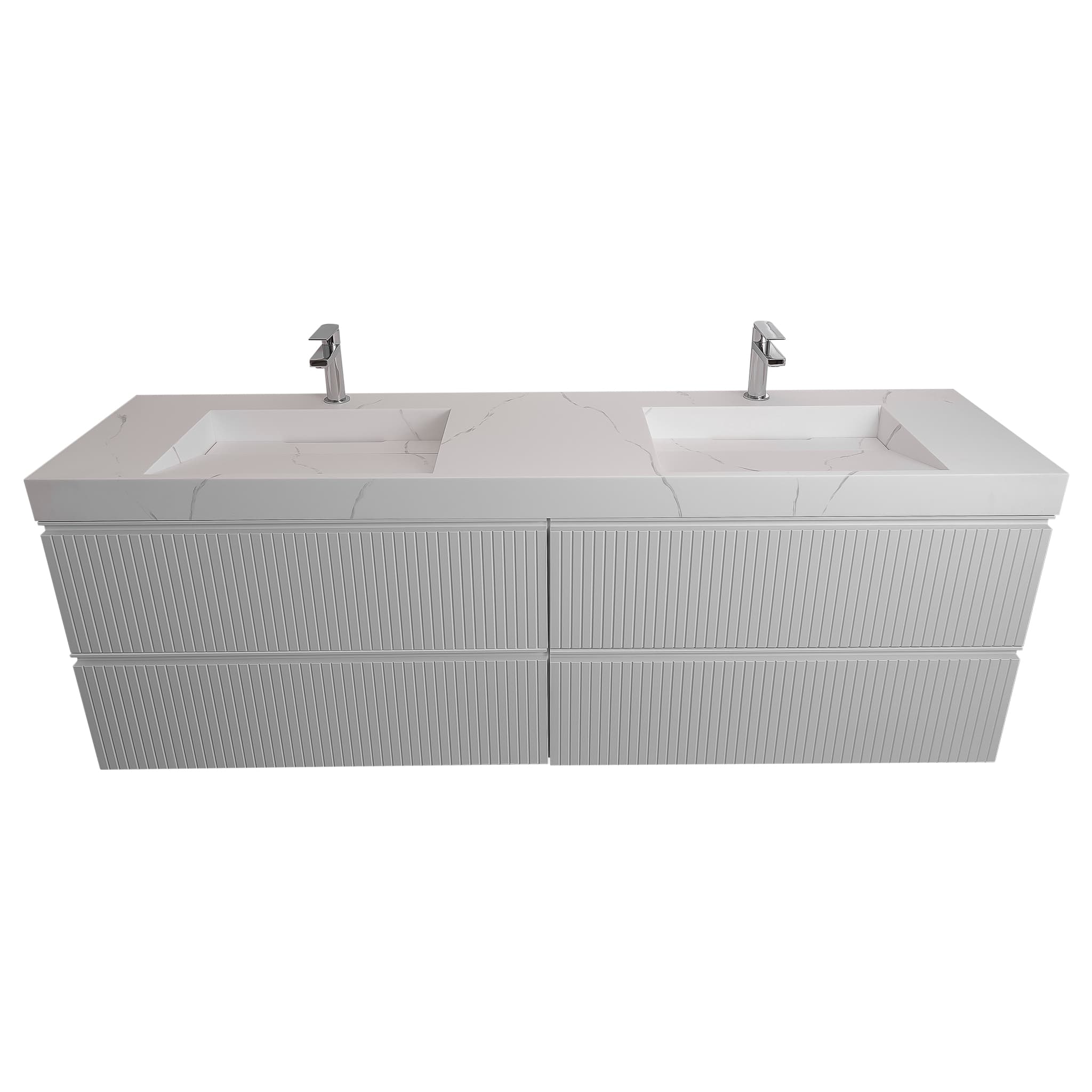 Ares 63 Matte White Cabinet, Solid Surface Matte White Top Carrara Infinity Double Sink, Wall Mounted Modern Vanity Set