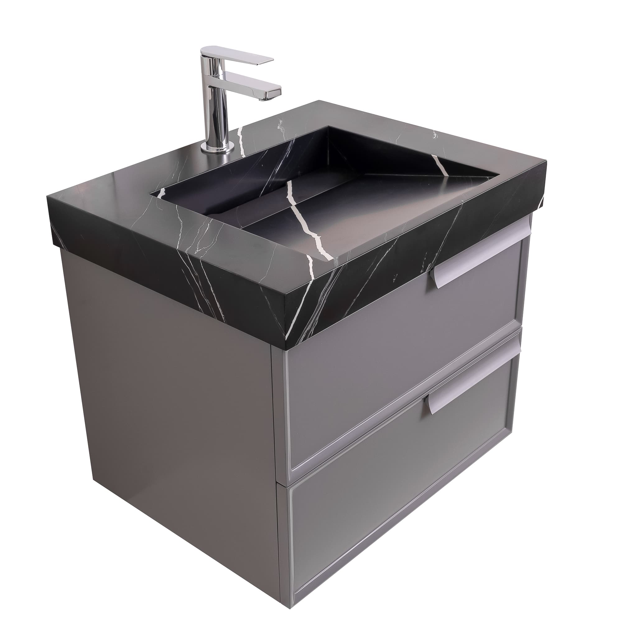 Garda 23.5 Matte Grey Cabinet, Solid Surface Matte Black Carrara Infinity Sink, Wall Mounted Modern Vanity Set