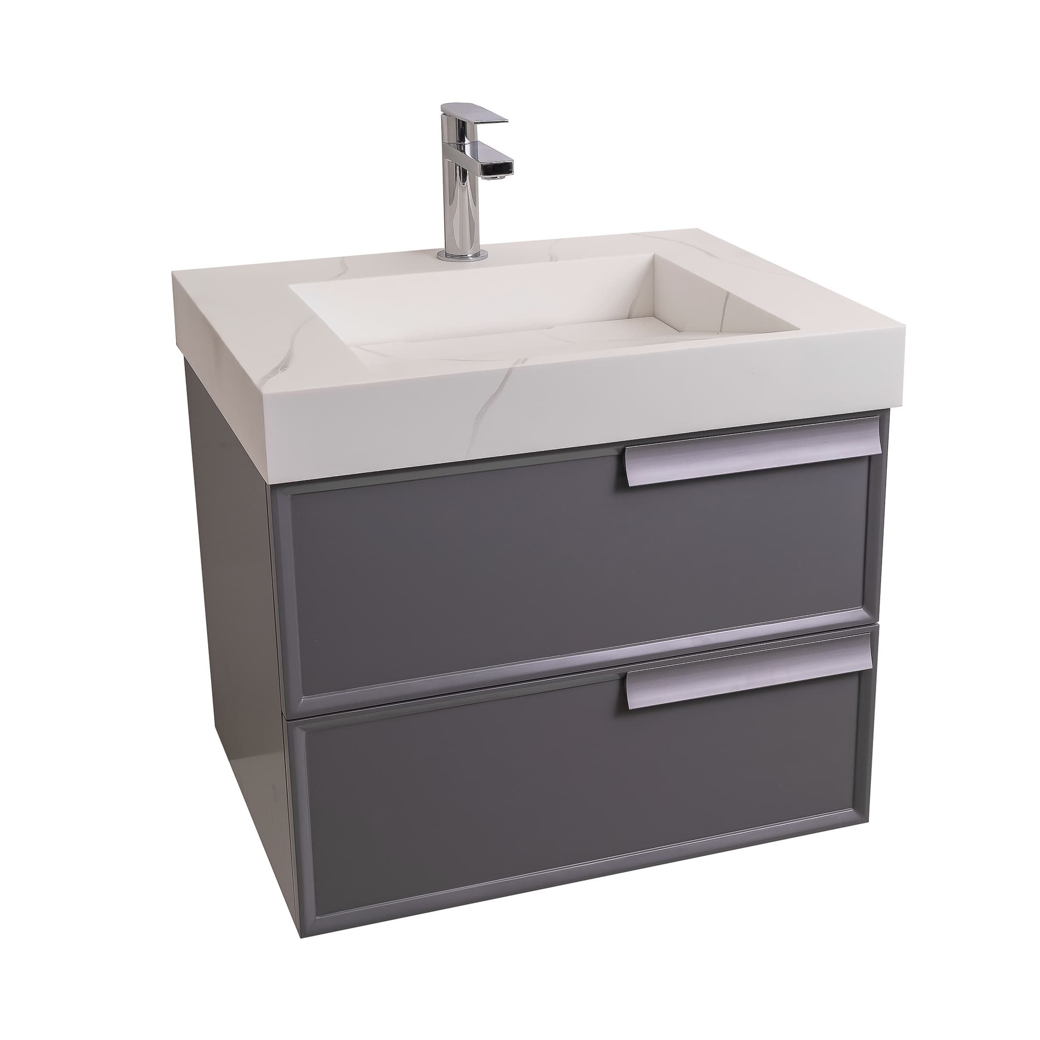 Garda 23.5 Matte Grey Cabinet, Solid Surface Matte White Carrara Infinity Sink, Wall Mounted Modern Vanity Set