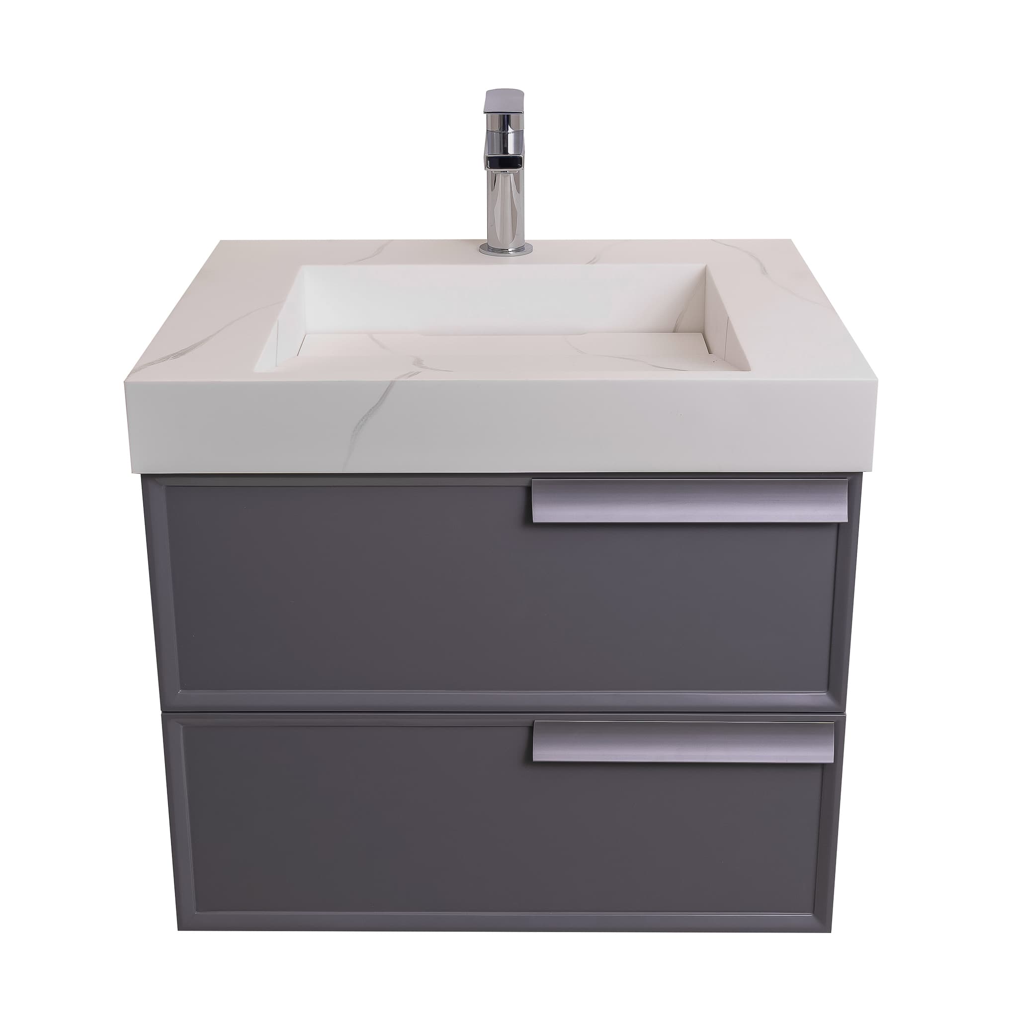 Garda 23.5 Matte Grey Cabinet, Solid Surface Matte White Carrara Infinity Sink, Wall Mounted Modern Vanity Set