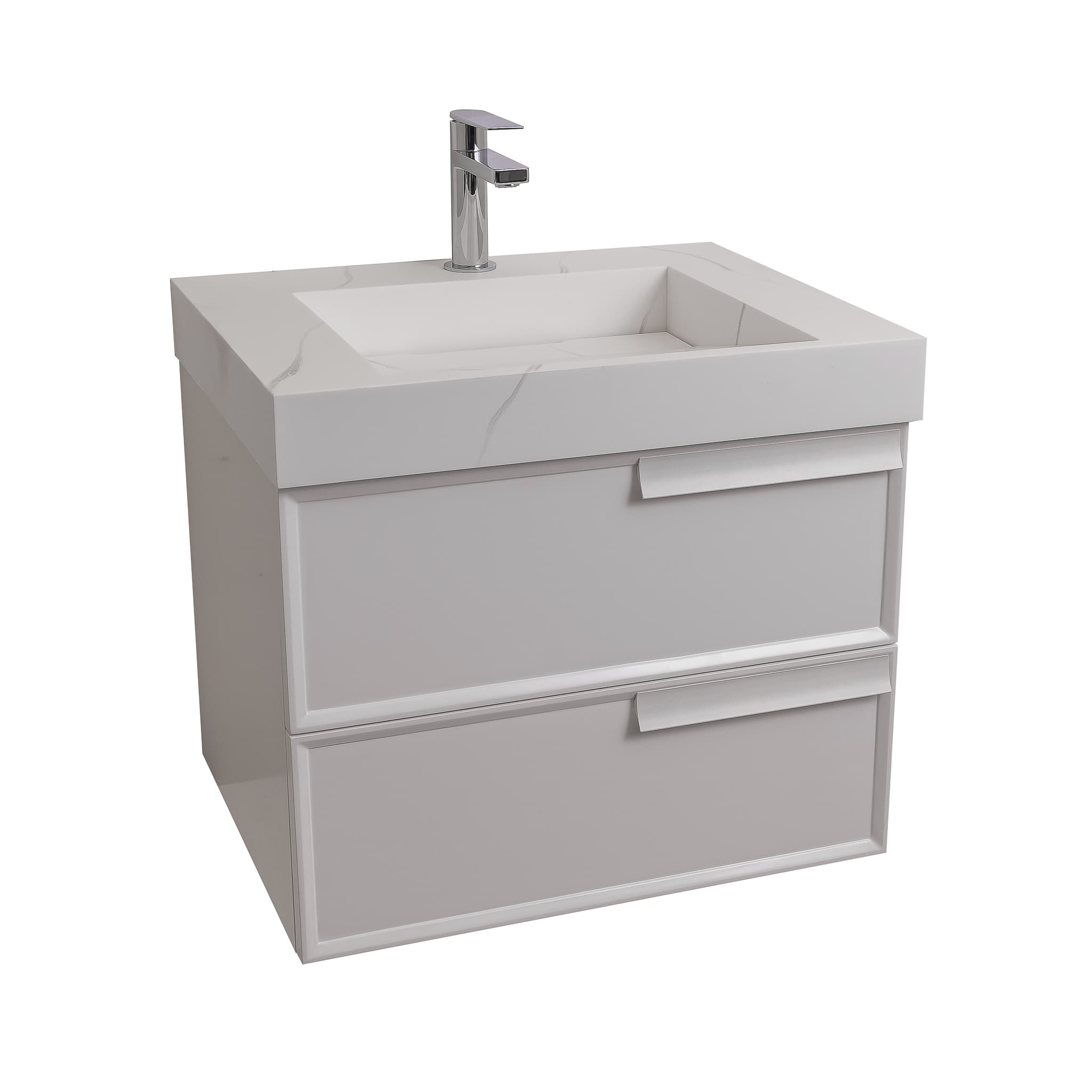 Garda 23.5 Matte White Cabinet, Solid Surface Matte White Carrara Infinity Sink, Wall Mounted Modern Vanity Set