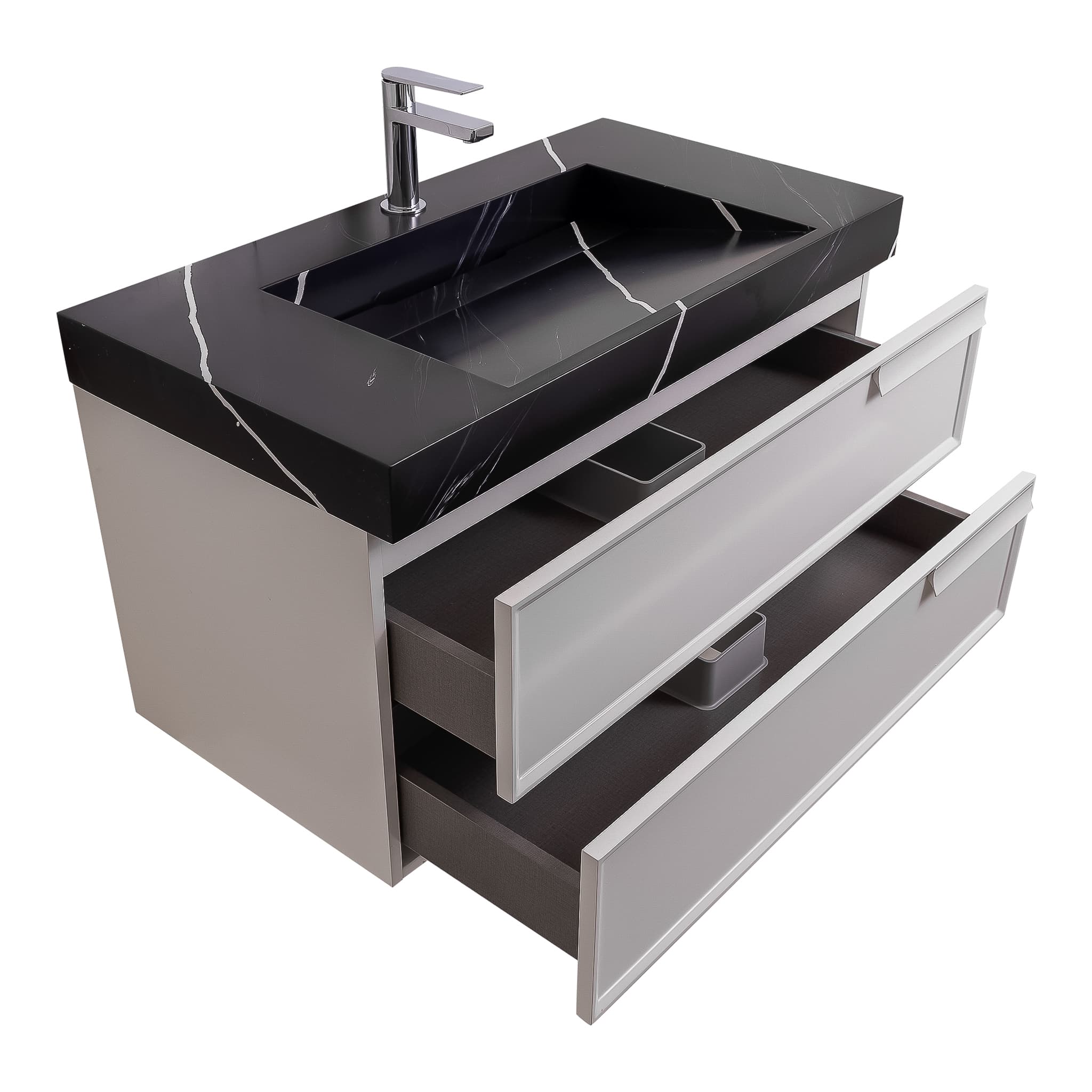 Garda 31.5 Matte White Cabinet, Solid Surface Matte Black Carrara Infinity Sink, Wall Mounted Modern Vanity Set