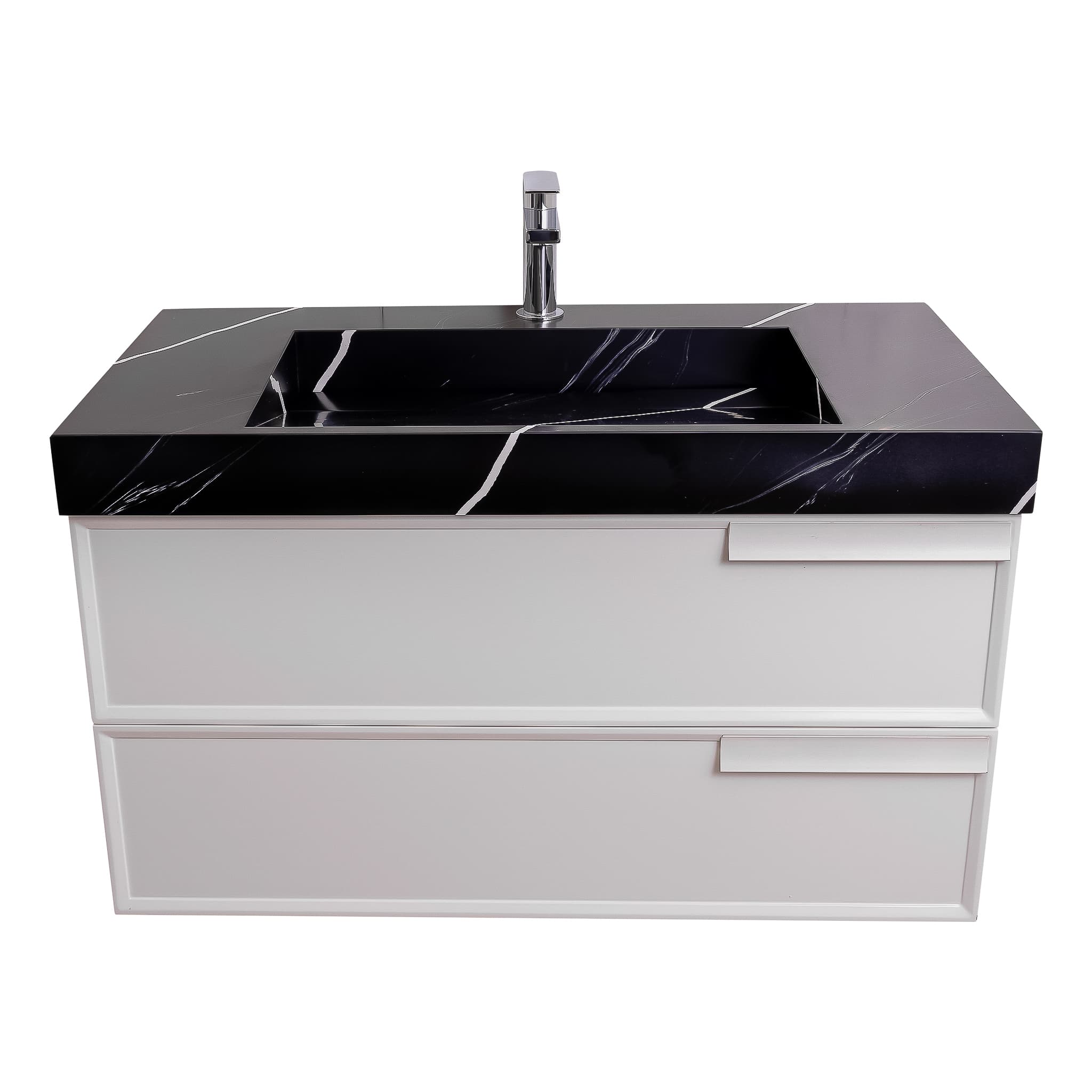 Garda 31.5 Matte White Cabinet, Solid Surface Matte Black Carrara Infinity Sink, Wall Mounted Modern Vanity Set