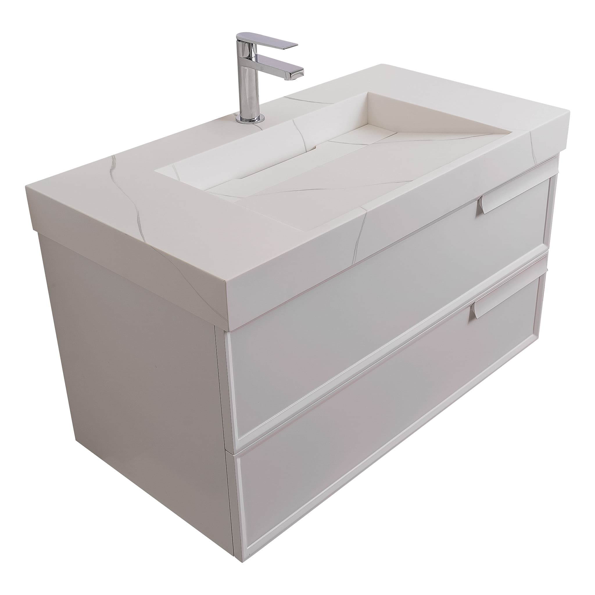 Garda 31.5 Matte White Cabinet, Solid Surface Matte White Carrara Infinity Sink, Wall Mounted Modern Vanity Set