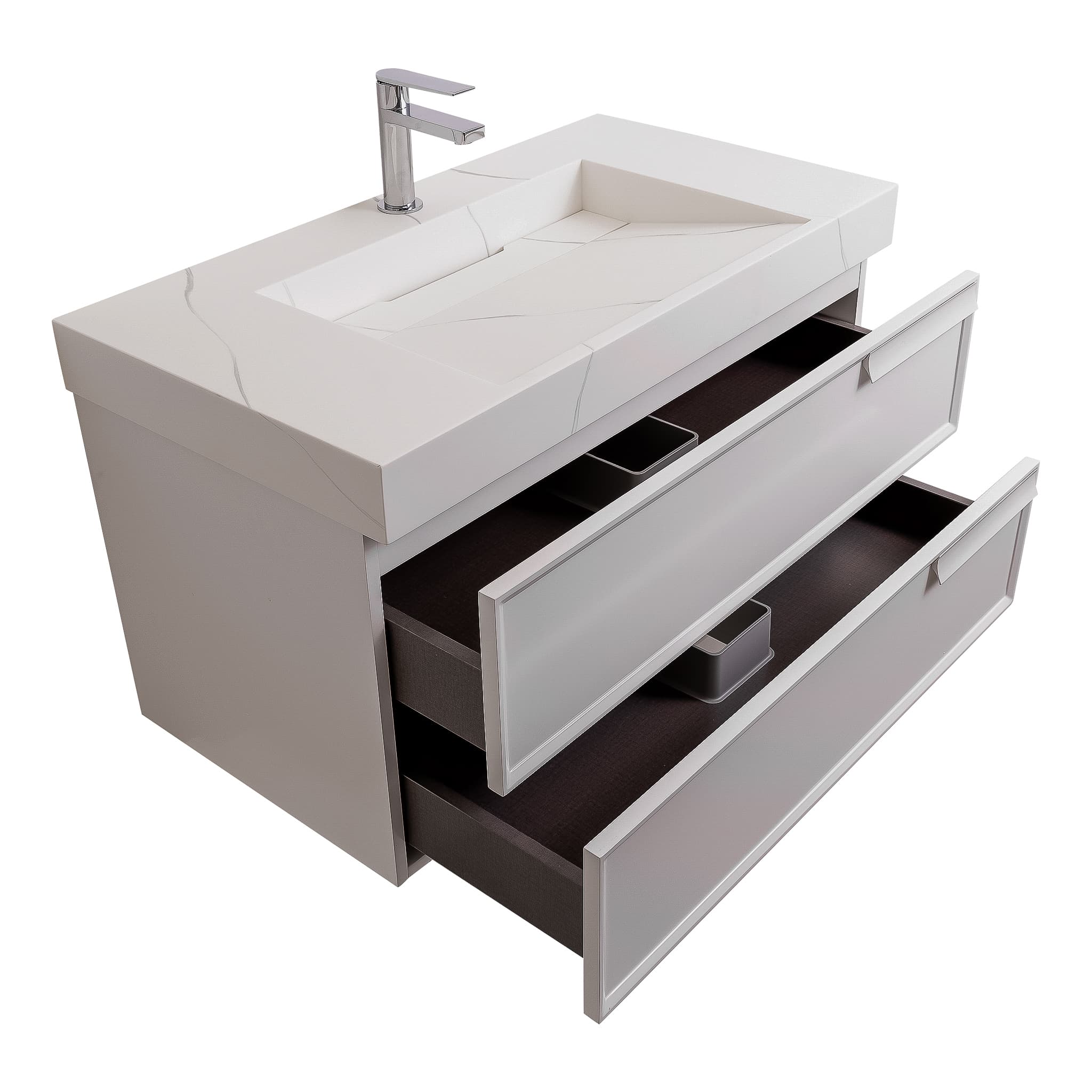 Garda 31.5 Matte White Cabinet, Solid Surface Matte White Carrara Infinity Sink, Wall Mounted Modern Vanity Set