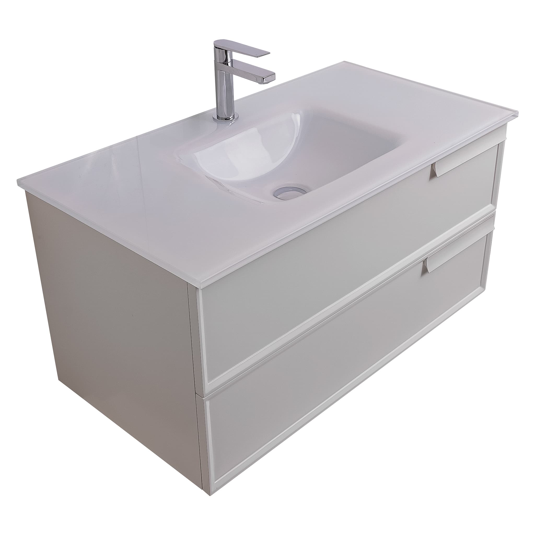 Garda 31.5 Matte White Cabinet, White Tempered Glass Sink, Wall Mounted Modern Vanity Set