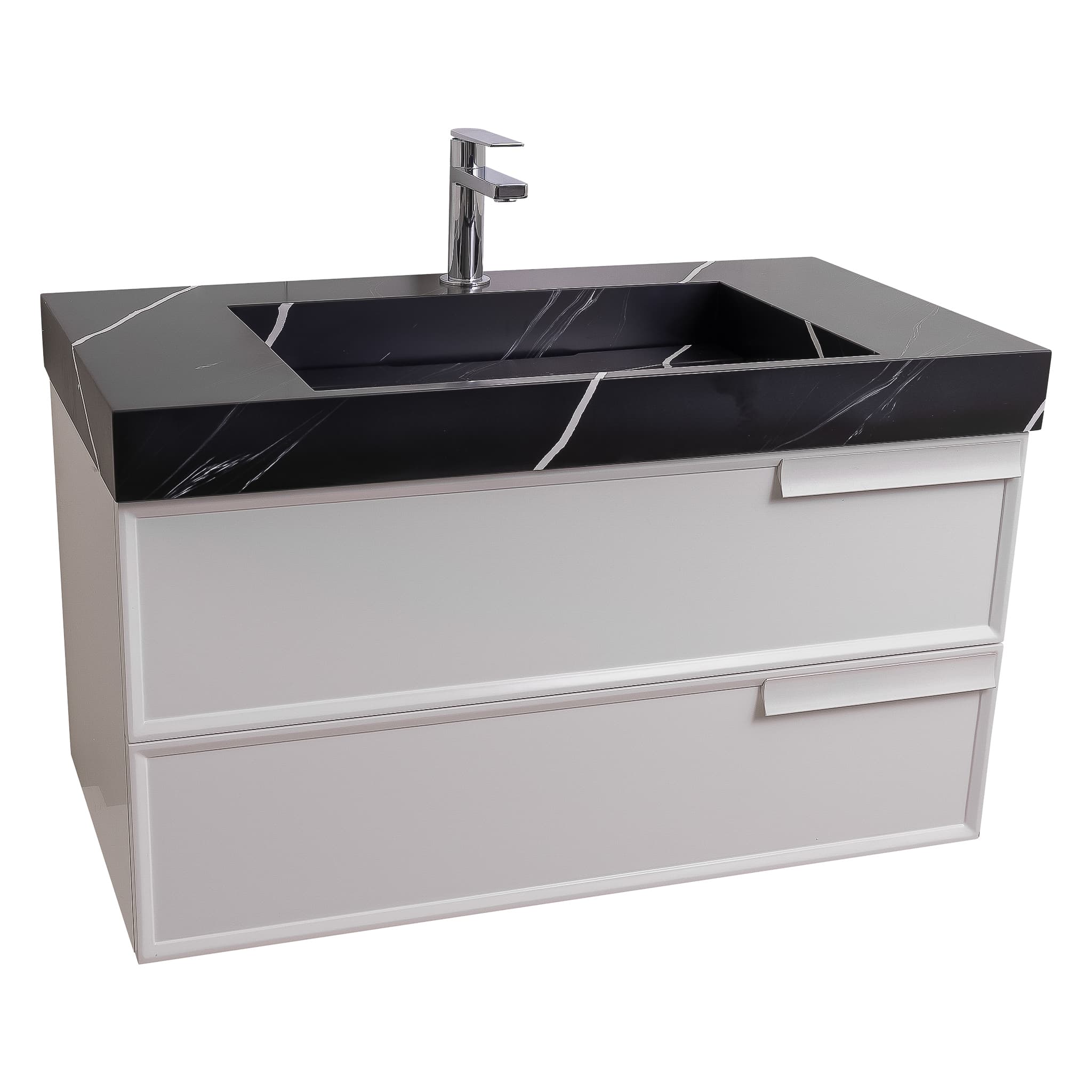 Garda 39.5 Matte White Cabinet, Solid Surface Matte Black Carrara Infinity Sink, Wall Mounted Modern Vanity Set