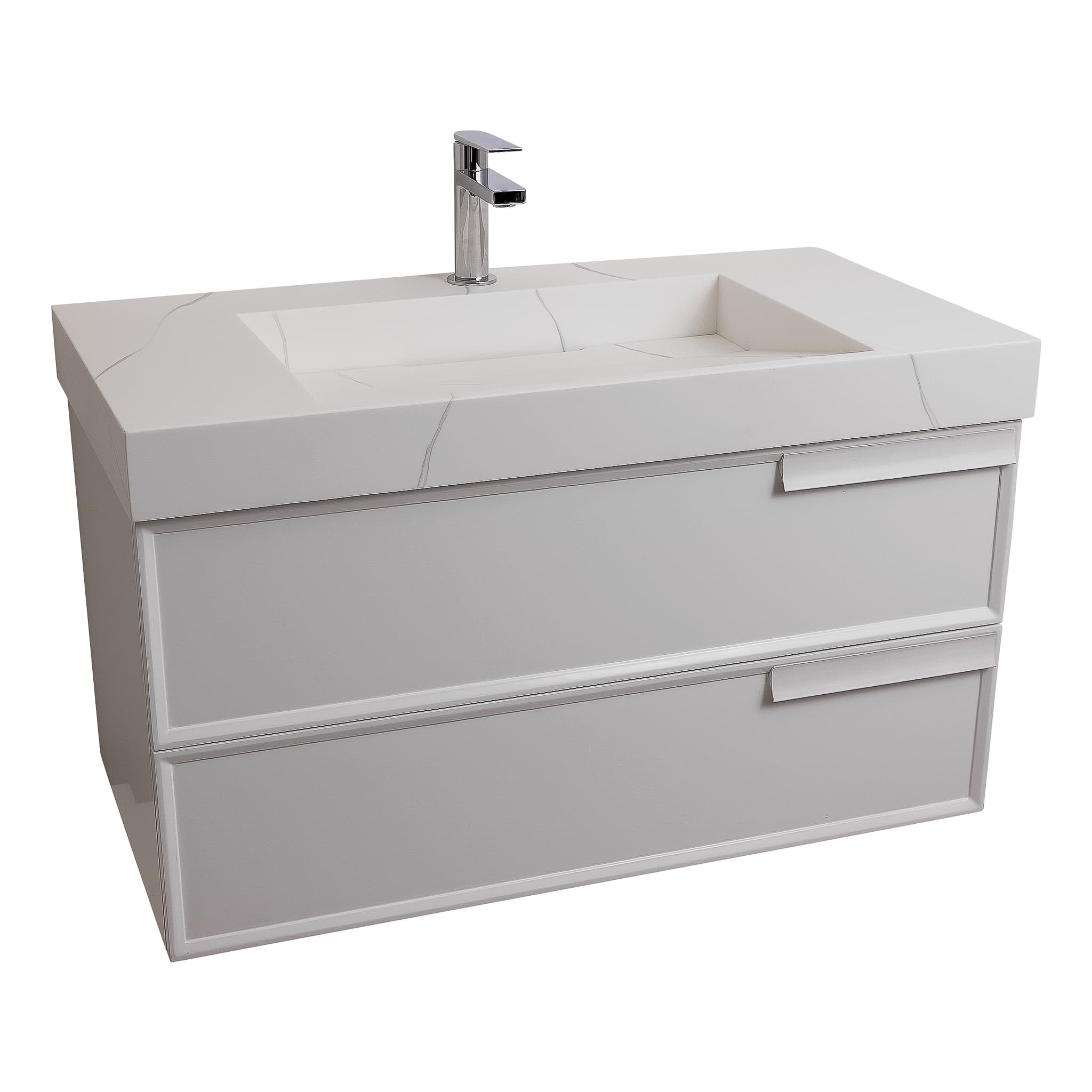 Garda 39.5 Matte White Cabinet, Solid Surface Matte White Carrara Infinity Sink, Wall Mounted Modern Vanity Set