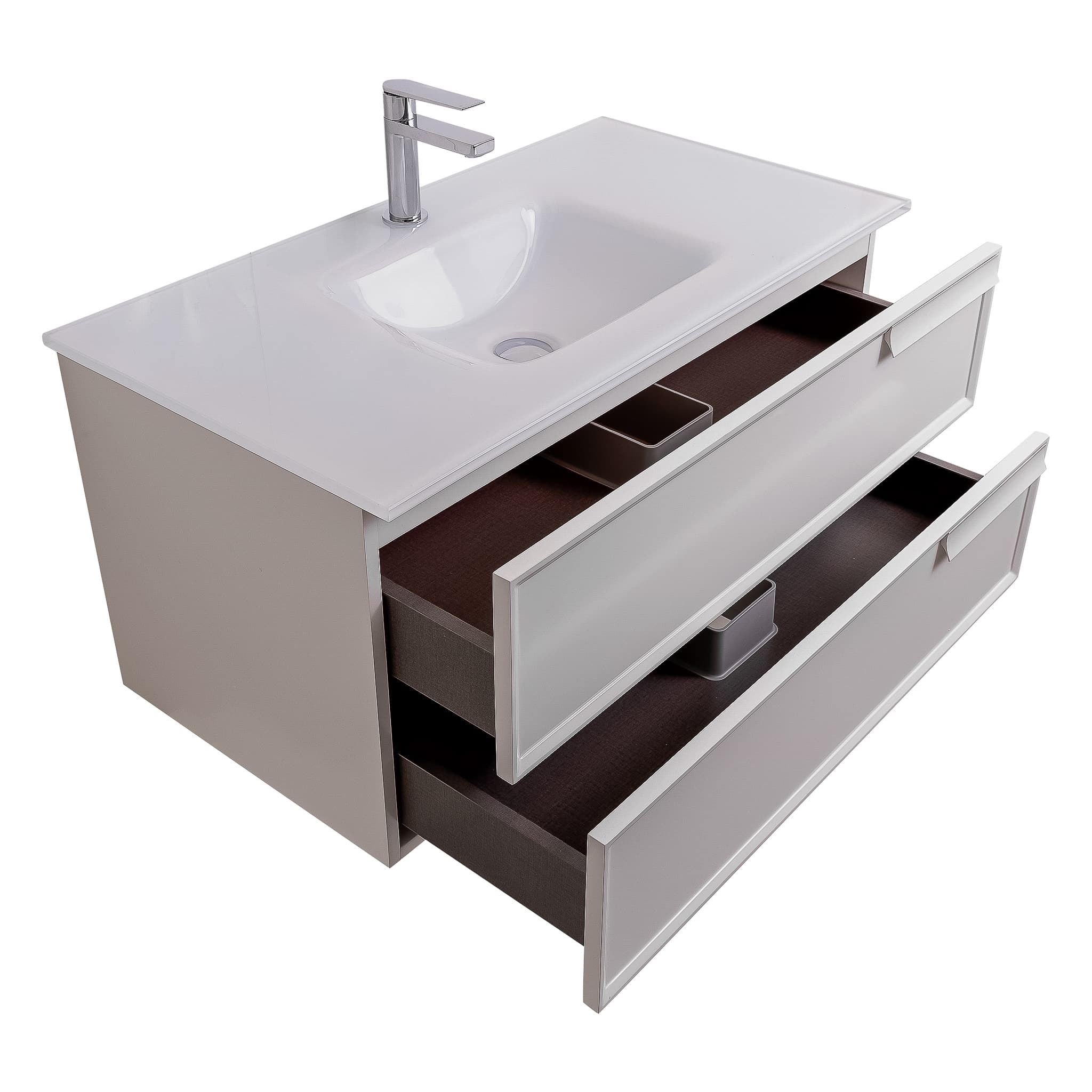 Garda 39.5 Matte White Cabinet, White Tempered Glass Sink, Wall Mounted Modern Vanity Set