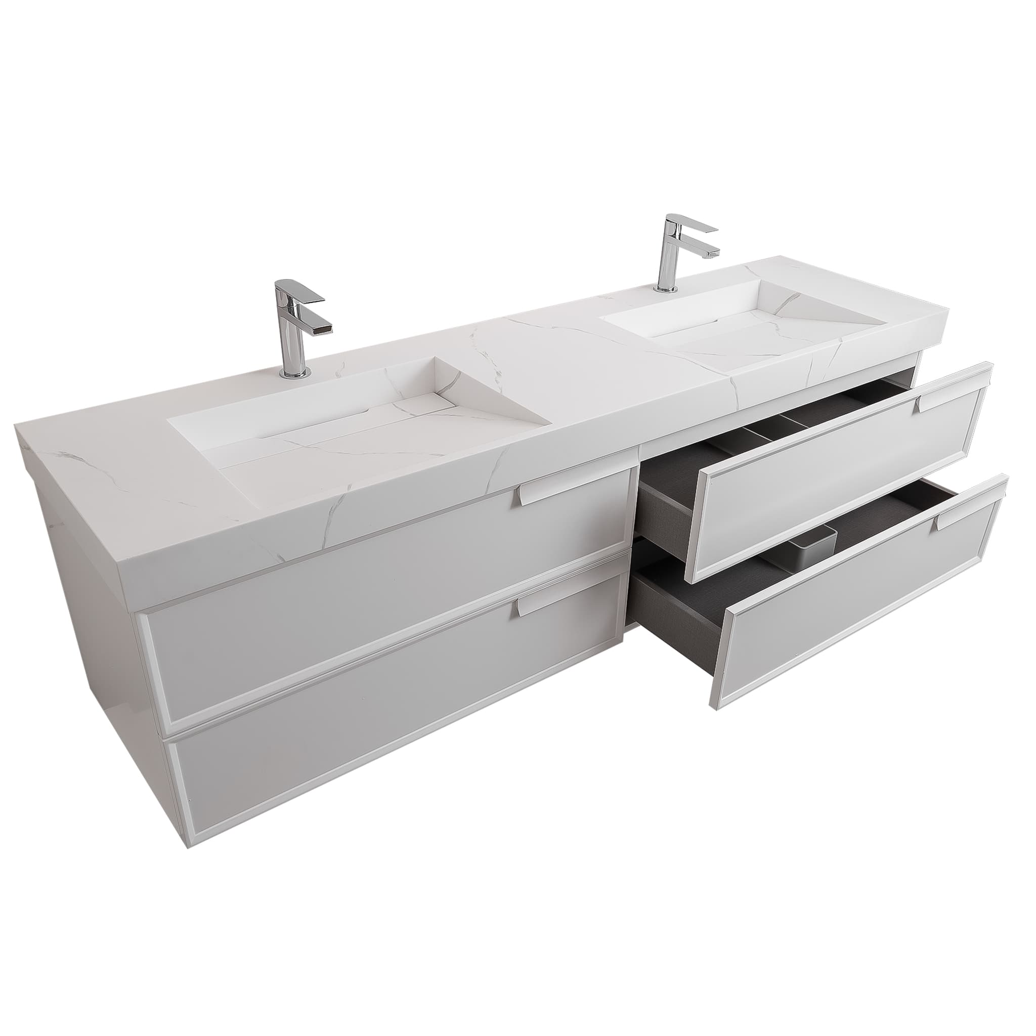 Garda 63 Matte White Cabinet, Solid Surface Matte White Carrara Infinity Double Sink, Wall Mounted Modern Vanity Set