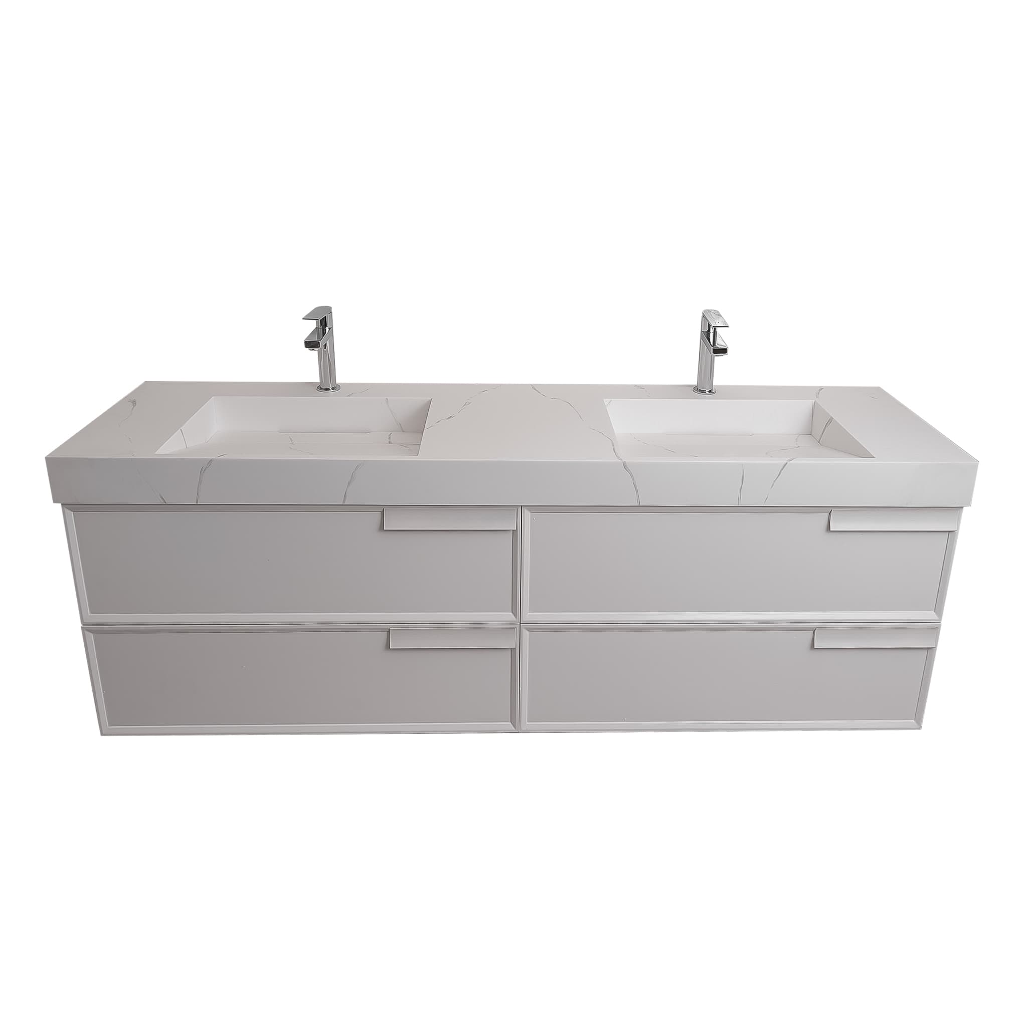 Garda 63 Matte White Cabinet, Solid Surface Matte White Carrara Infinity Double Sink, Wall Mounted Modern Vanity Set