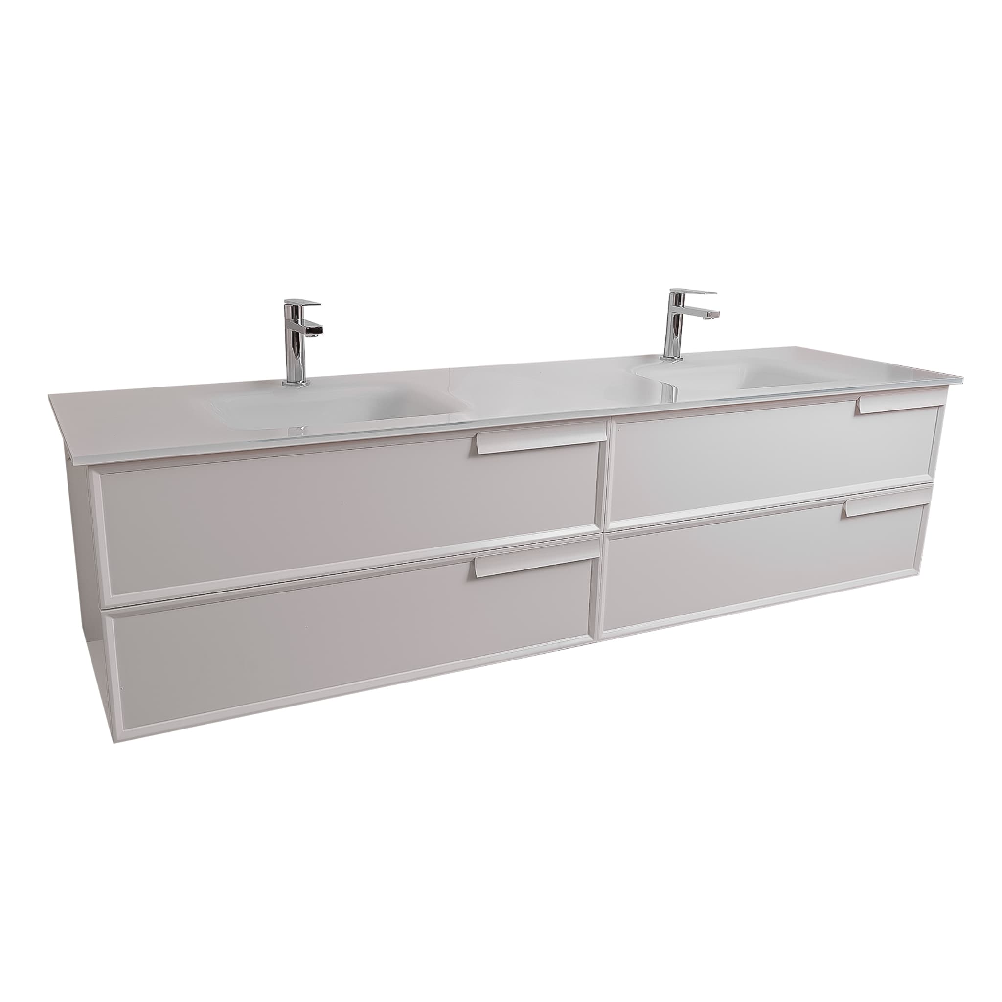 Garda 63 Matte White Cabinet,  White Tempered Glass Double Sink, Wall Mounted Modern Vanity Set