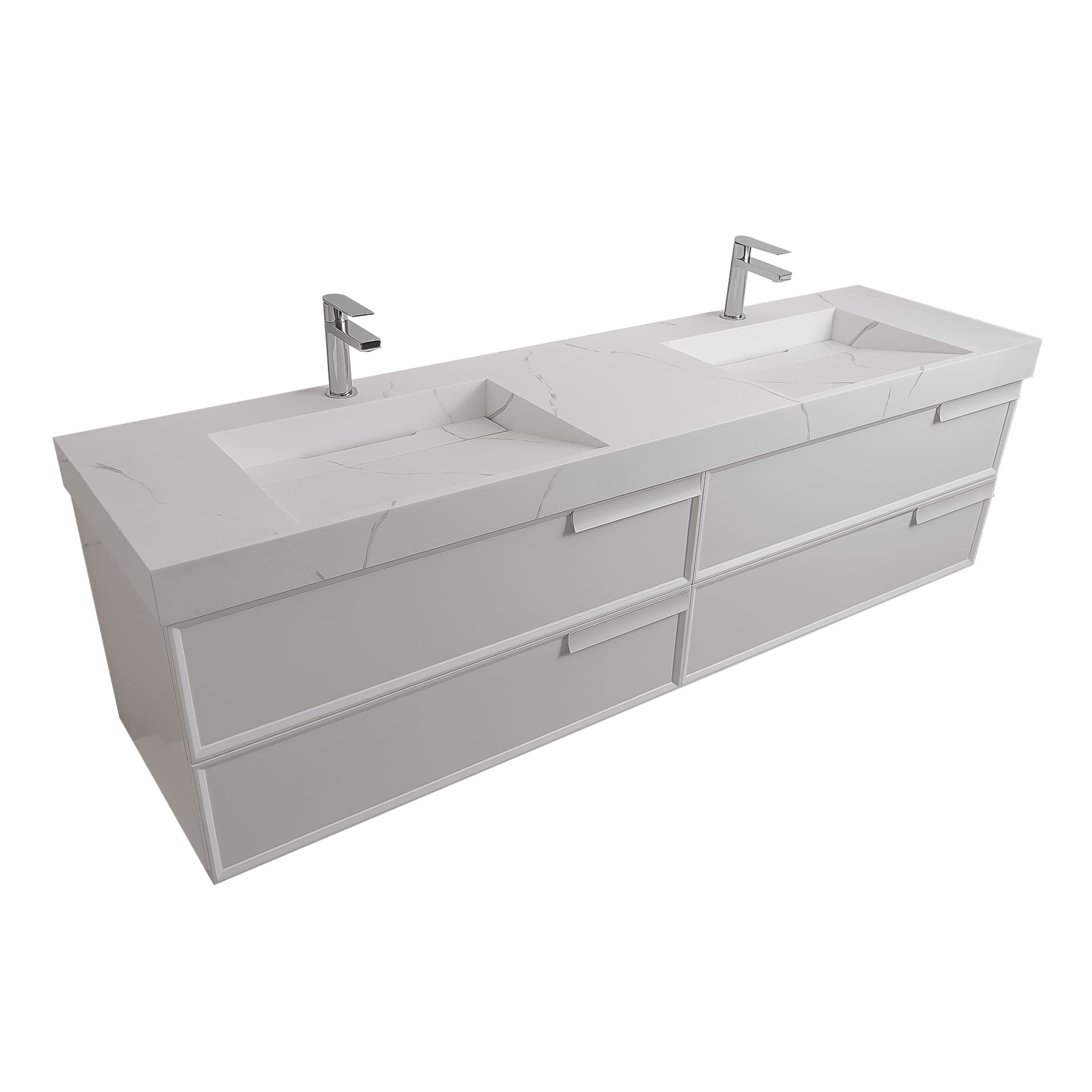 Garda 72 Matte White Cabinet, Solid Surface Matte White Carrara Infinity Double Sink, Wall Mounted Modern Vanity Set