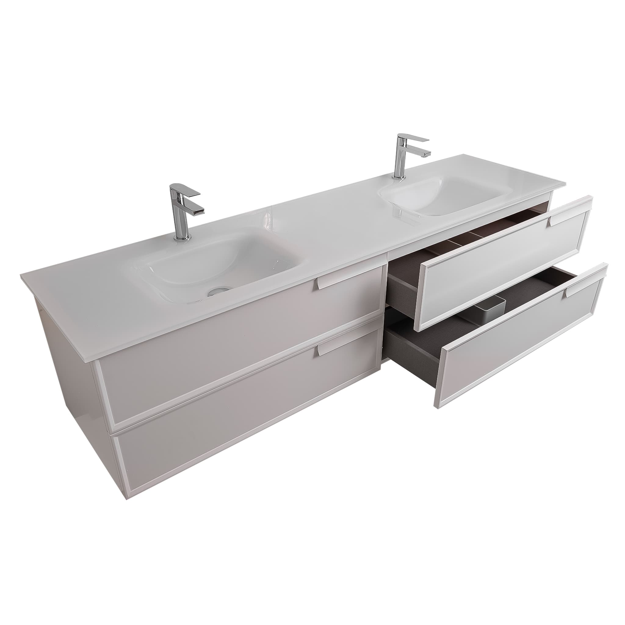 Garda 72 Matte White Cabinet,  White Tempered Glass Double Sink, Wall Mounted Modern Vanity Set
