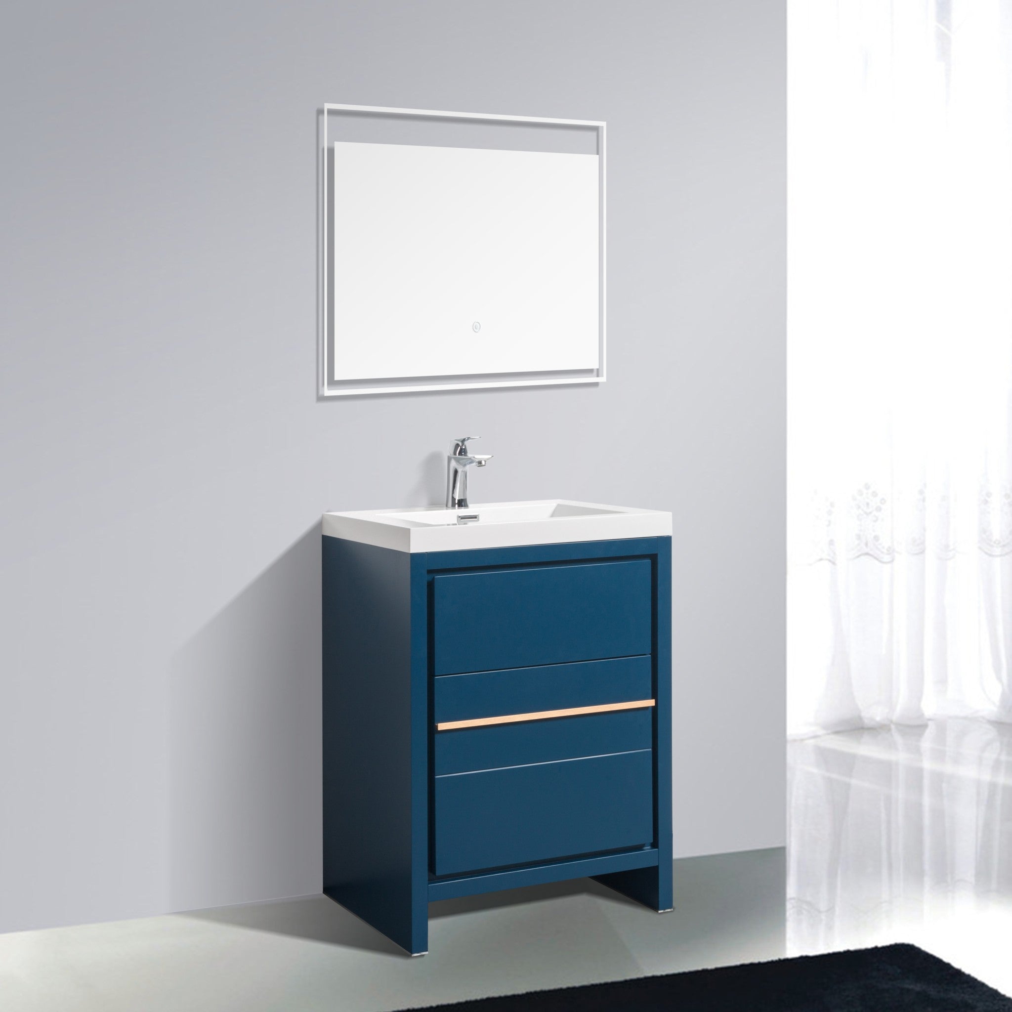 Granada 23.5 Matte Blue With Brush Rose Gold Handle Cabinet, Square Cultured Marble Sink, Free Standing Modern Vanity Set