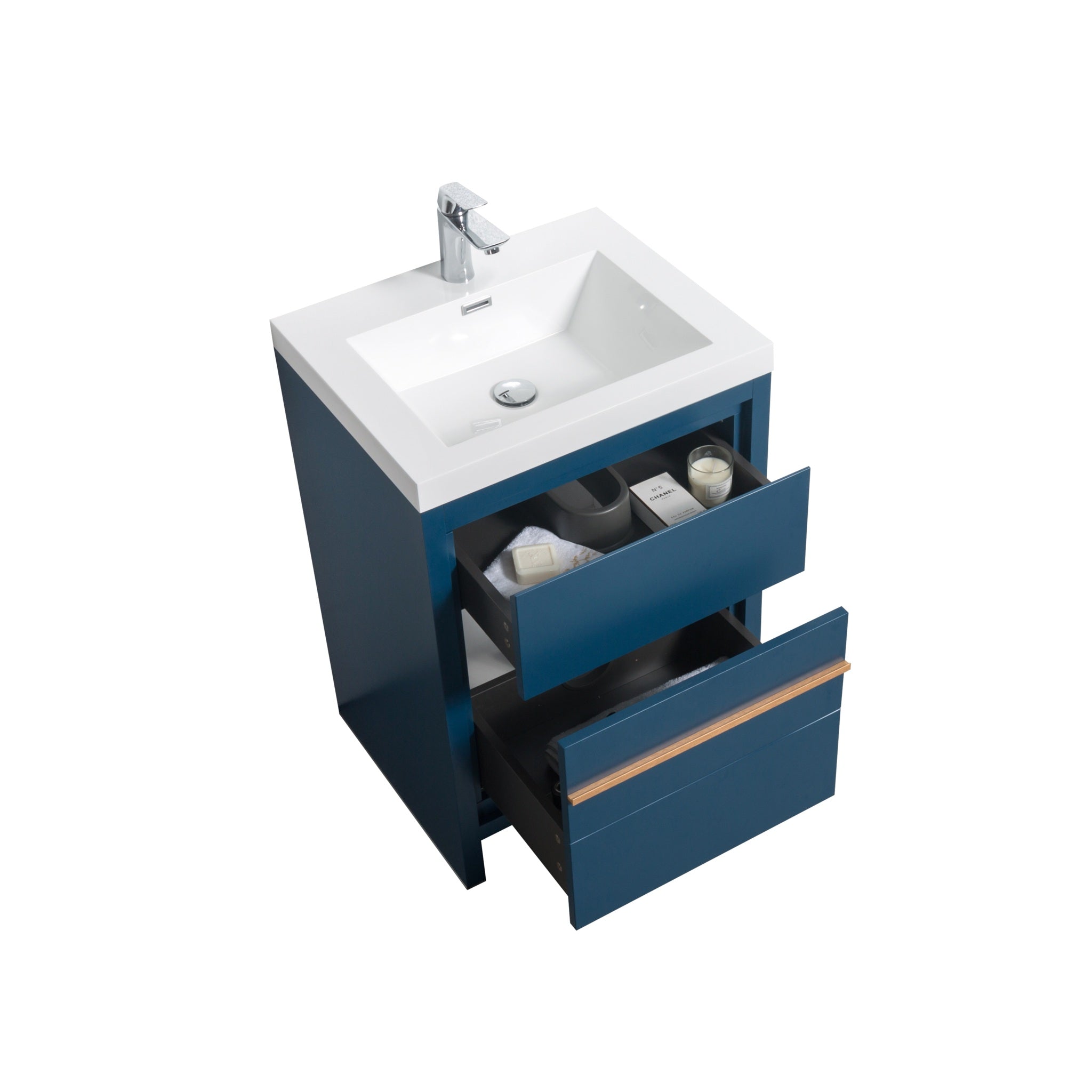Granada 23.5 Matte Blue With Brush Rose Gold Handle Cabinet, Square Cultured Marble Sink, Free Standing Modern Vanity Set