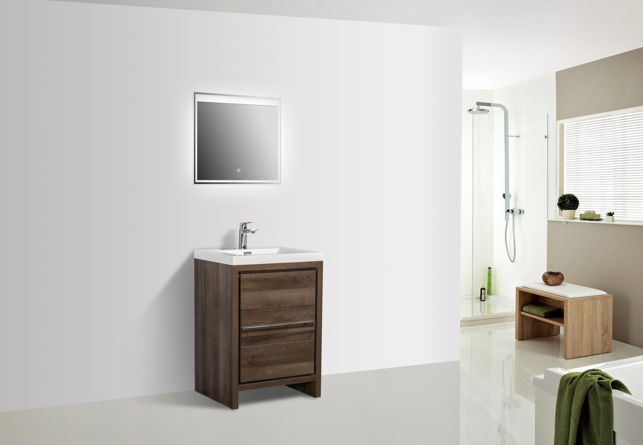 Granada 23.5 Brown Oak With Chrome Handle Cabinet, Square Cultured Marble Sink, Free Standing Modern Vanity Set