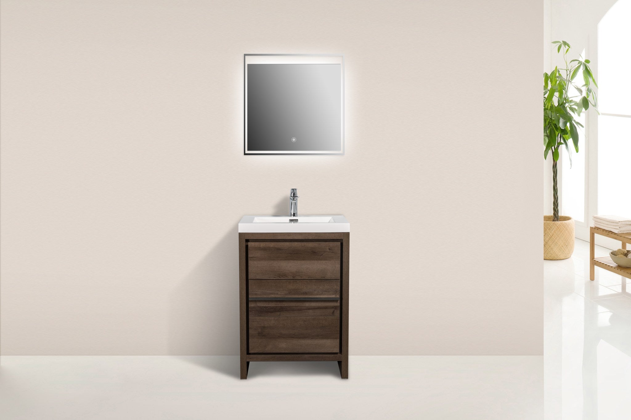 Granada 23.5 Brown Oak With Chrome Handle Cabinet, Square Cultured Marble Sink, Free Standing Modern Vanity Set