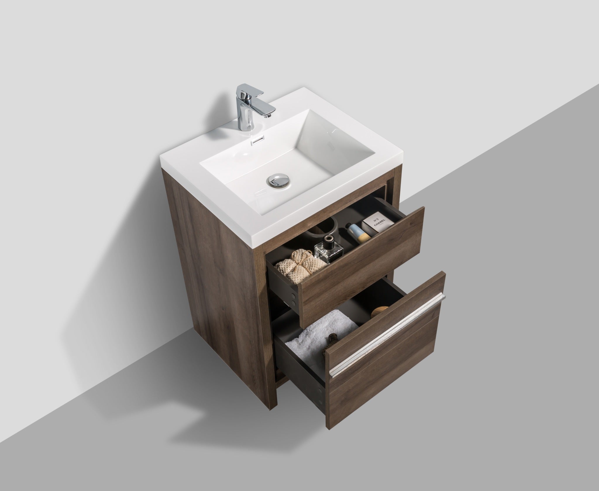 Granada 23.5 Brown Oak With Chrome Handle Cabinet, Square Cultured Marble Sink, Free Standing Modern Vanity Set