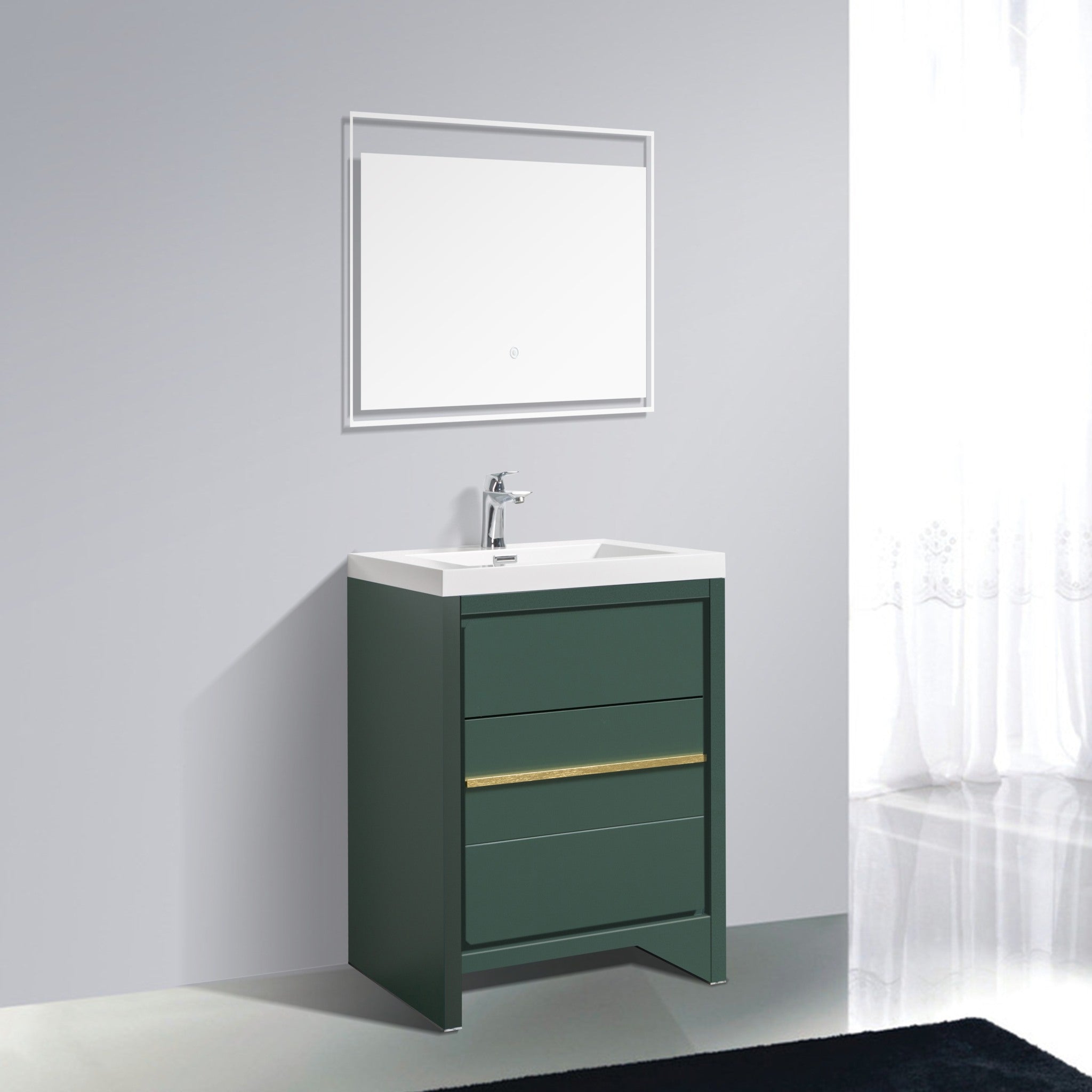 Granada 23.5 Nordic Green With Brush Gold Handle Cabinet, Square Cultured Marble Sink, Free Standing Modern Vanity Set