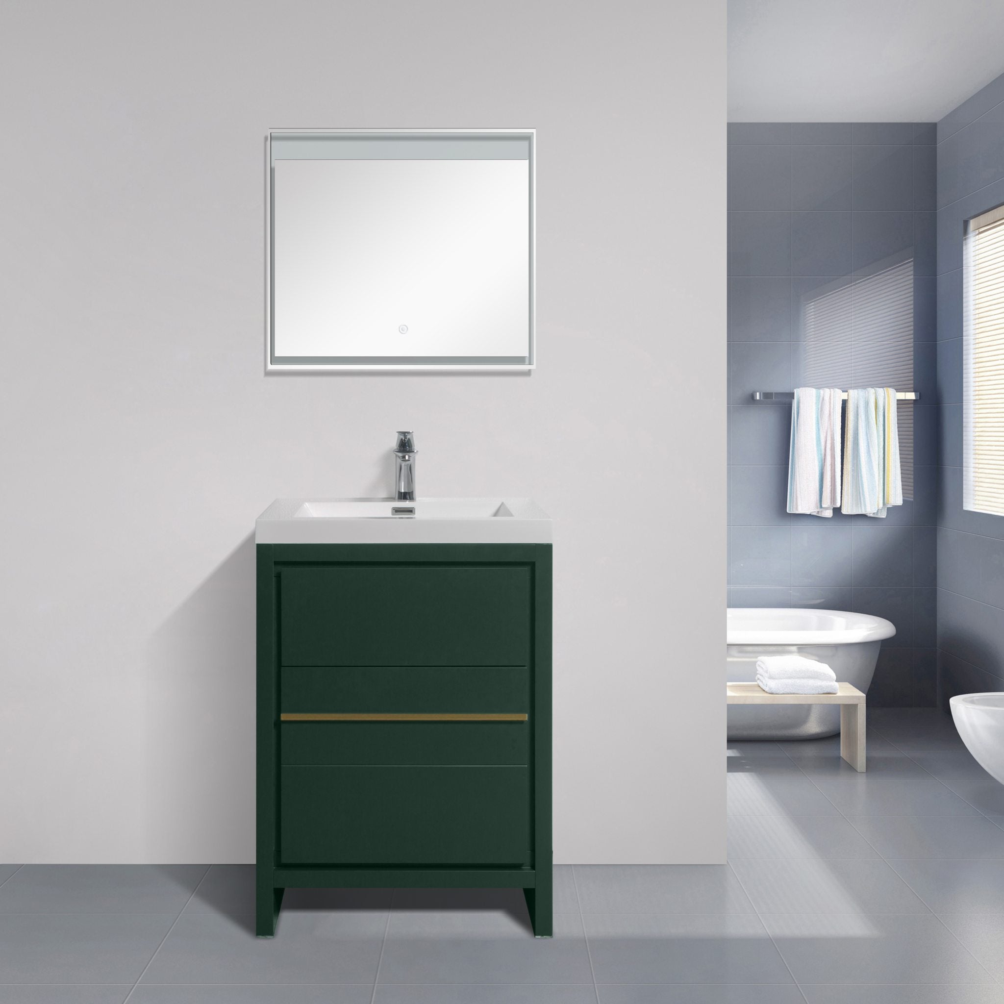 Granada 23.5 Nordic Green With Brush Gold Handle Cabinet, Square Cultured Marble Sink, Free Standing Modern Vanity Set