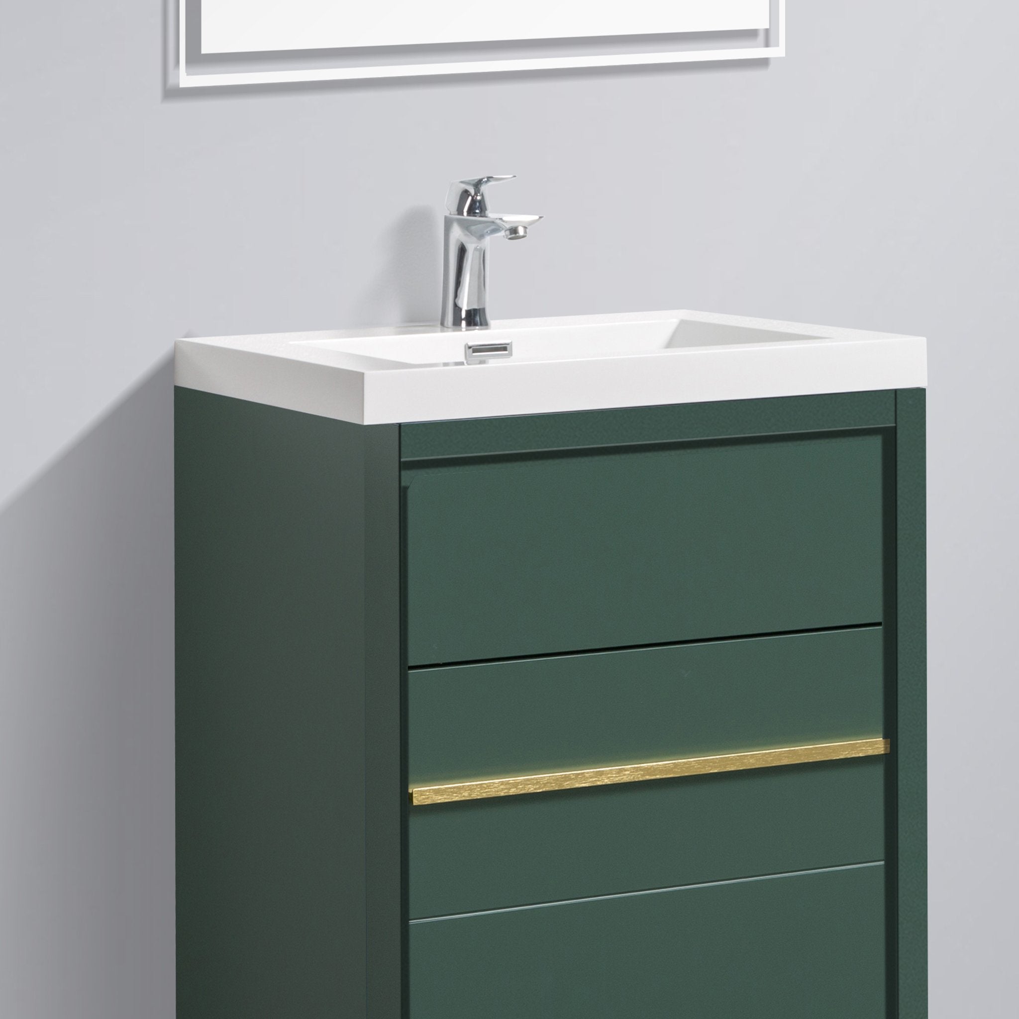 Granada 23.5 Nordic Green With Brush Gold Handle Cabinet, Square Cultured Marble Sink, Free Standing Modern Vanity Set