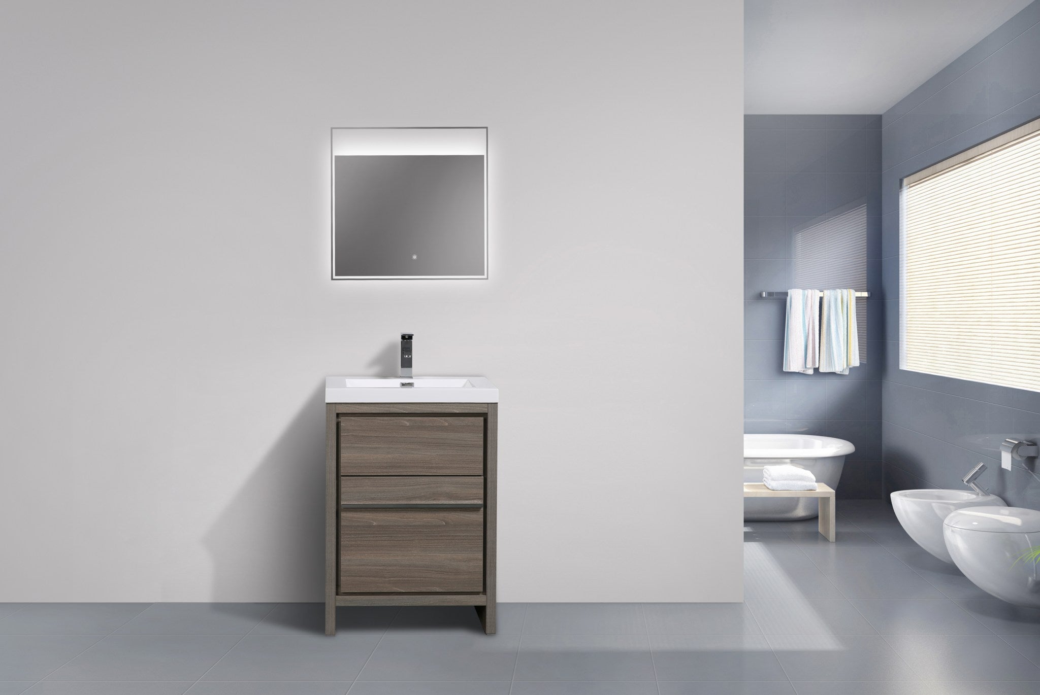 Granada 23.5 Maple Grey With Chrome Handle Cabinet, Square Cultured Marble Sink, Free Standing Modern Vanity Set