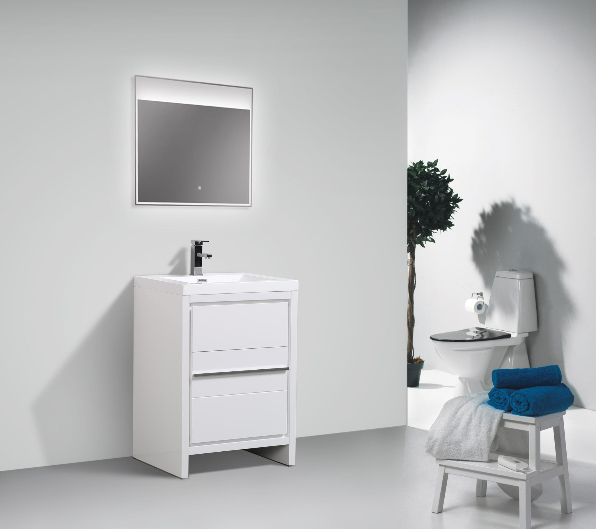 Granada 23.5 White High Gloss With Chrome Handle Cabinet, Square Cultured Marble Sink, Free Standing Modern Vanity Set