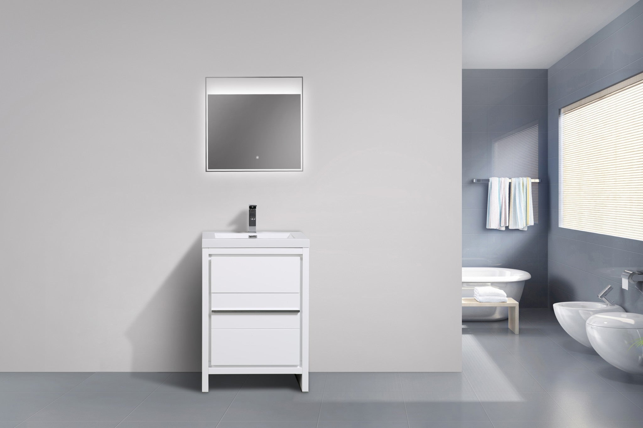 Granada 23.5 White High Gloss With Chrome Handle Cabinet, Square Cultured Marble Sink, Free Standing Modern Vanity Set