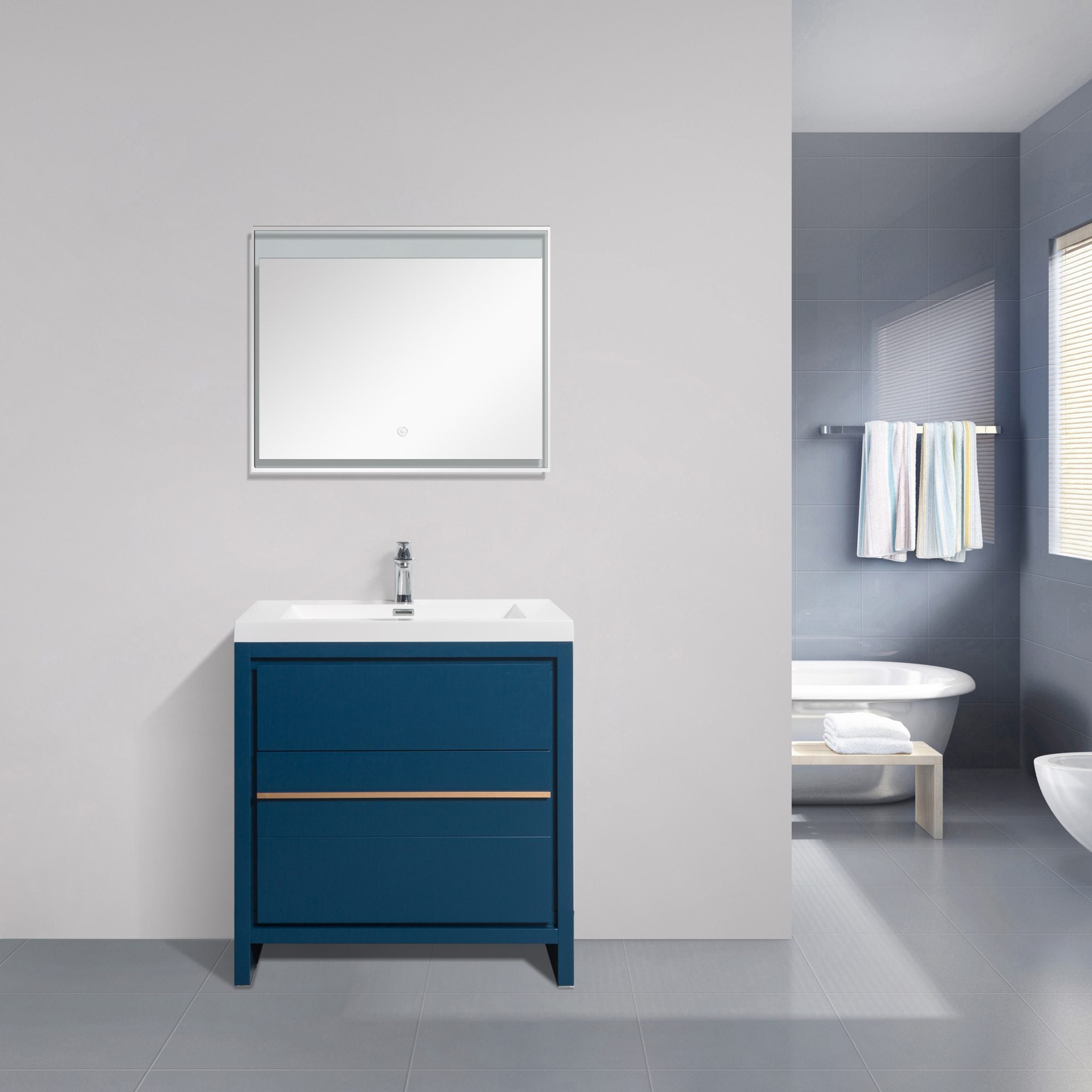 Granada 29.5 Matte Blue With Brush Rose Gold Handle Cabinet, Square Cultured Marble Sink, Free Standing Modern Vanity Set