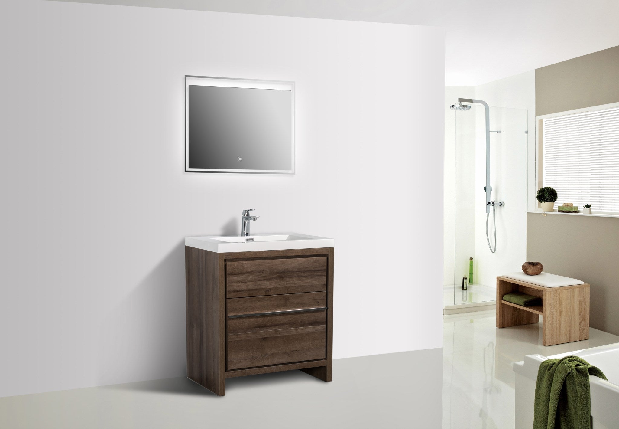 Granada 29.5 Brown Oak With Chrome Handle Cabinet, Square Cultured Marble Sink, Free Standing Modern Vanity Set