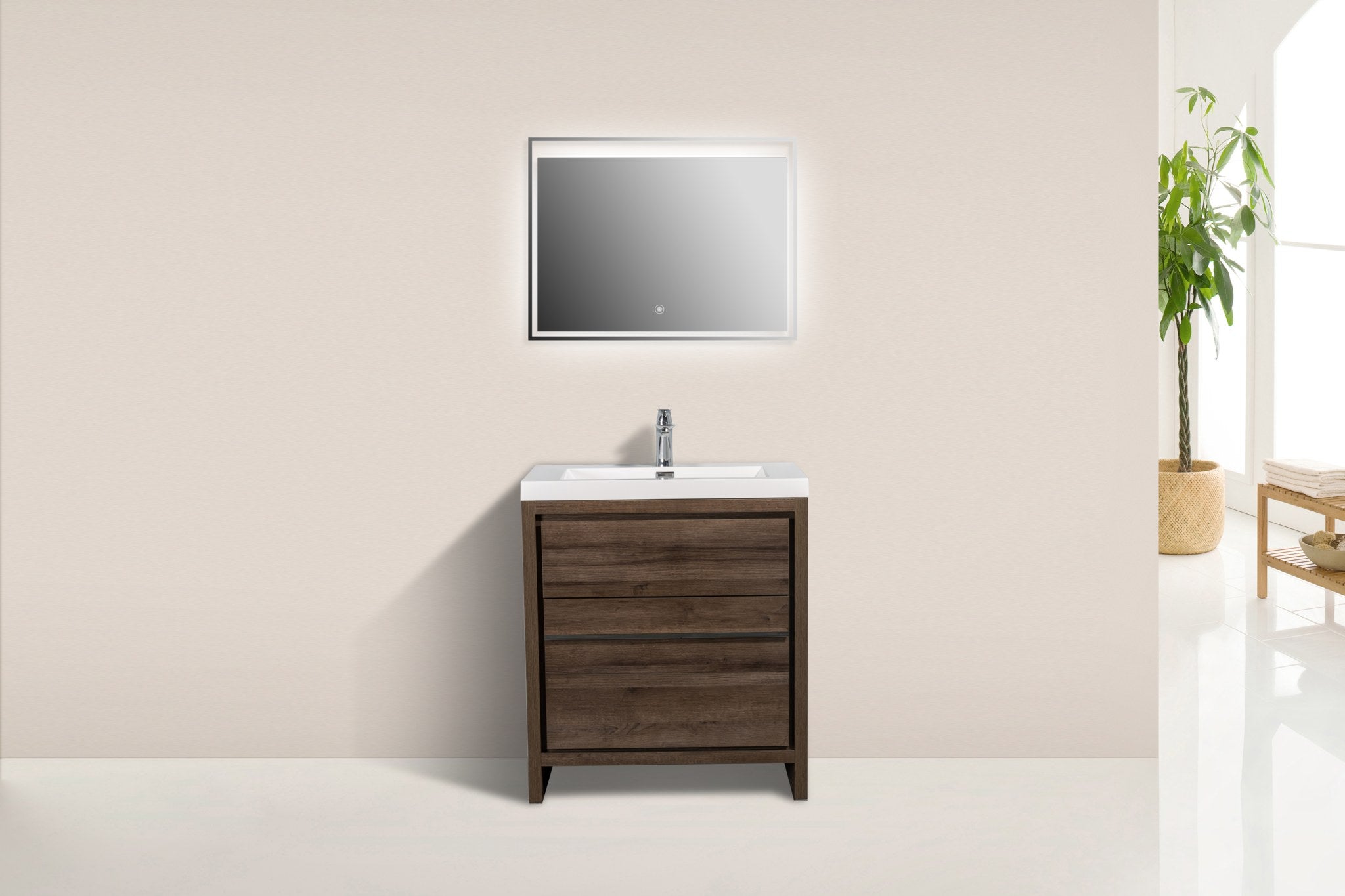 Granada 29.5 Brown Oak With Chrome Handle Cabinet, Square Cultured Marble Sink, Free Standing Modern Vanity Set