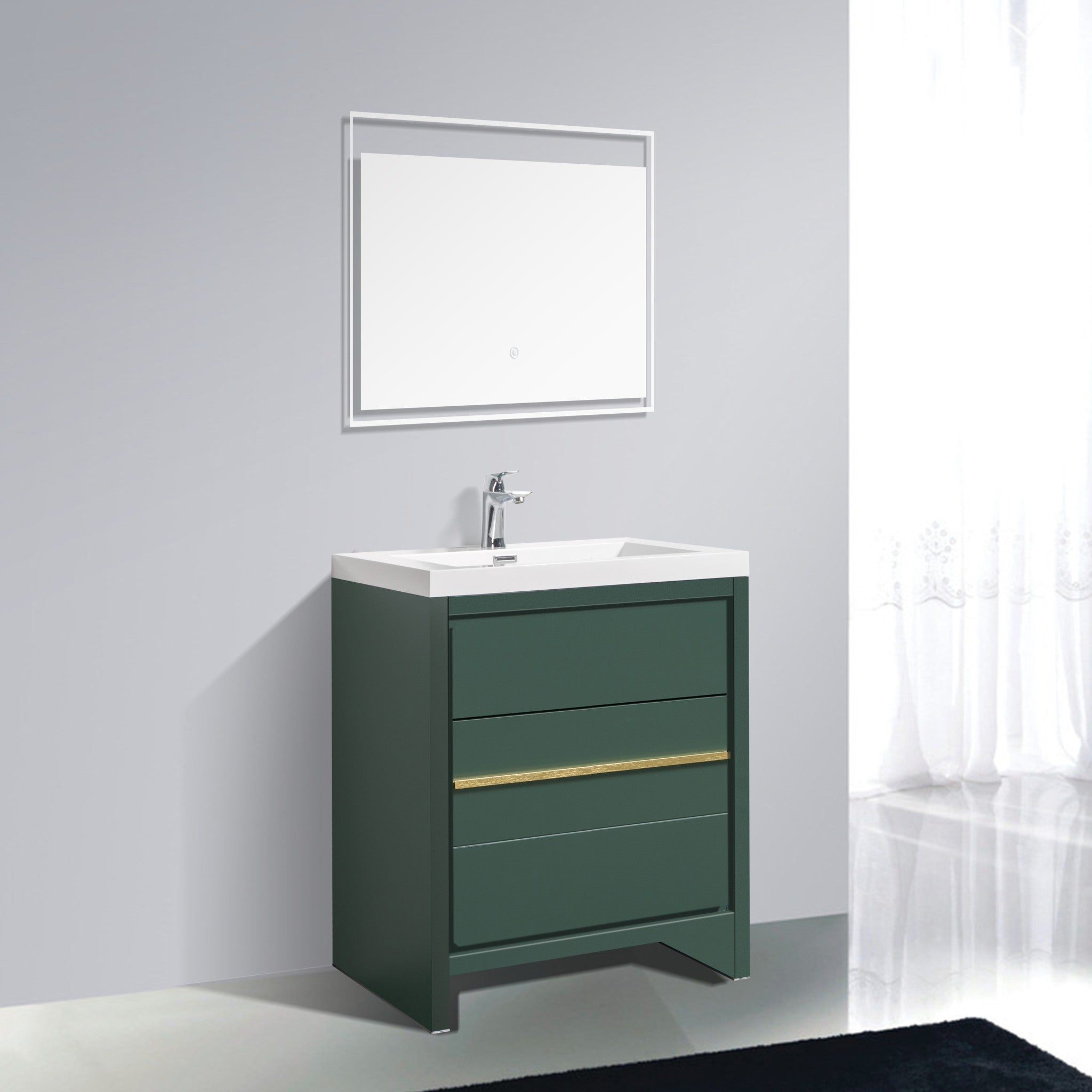 Granada 29.5 Nordic Green With Brush Gold Handle Cabinet, Square Cultured Marble Sink, Free Standing Modern Vanity Set