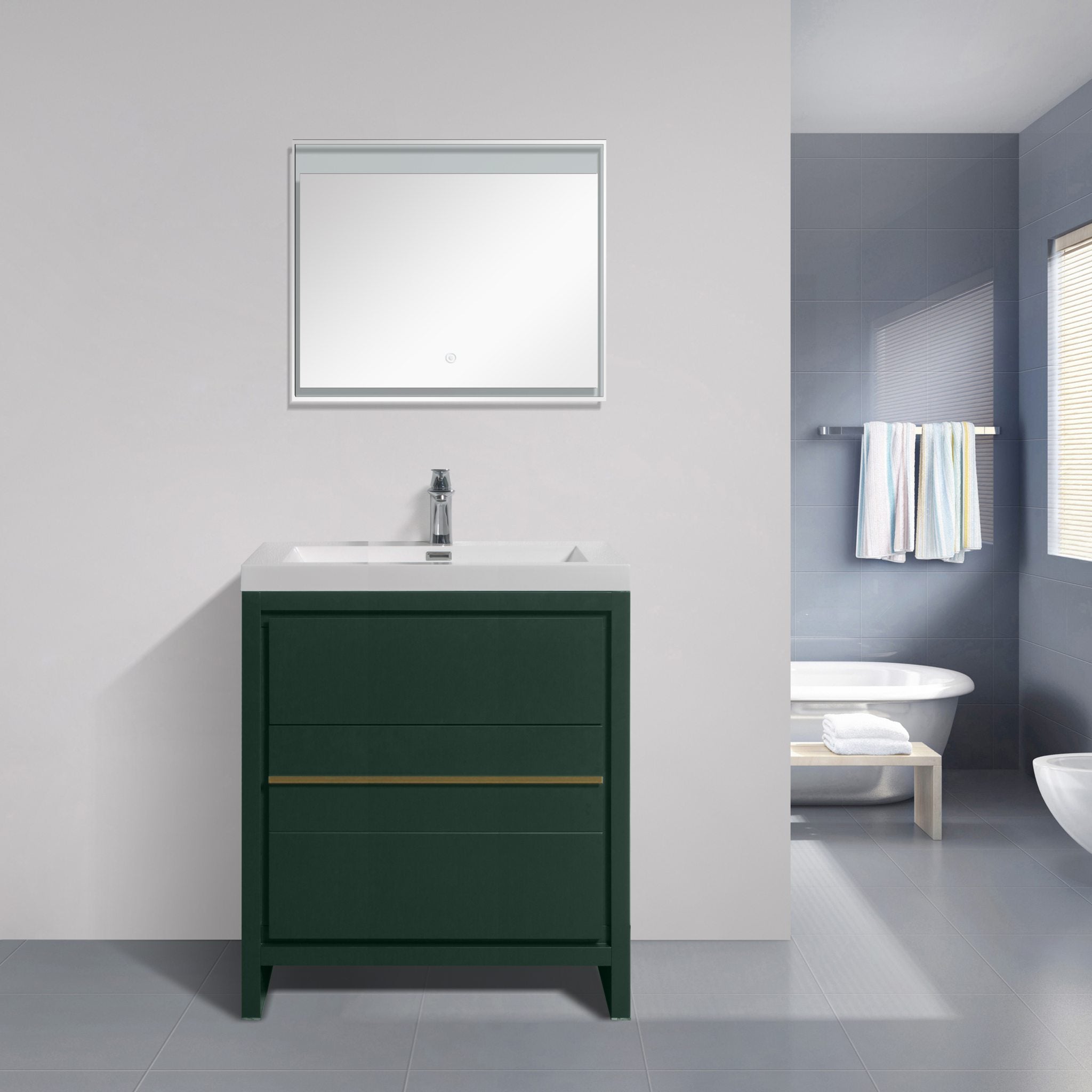 Granada 29.5 Nordic Green With Brush Gold Handle Cabinet, Square Cultured Marble Sink, Free Standing Modern Vanity Set