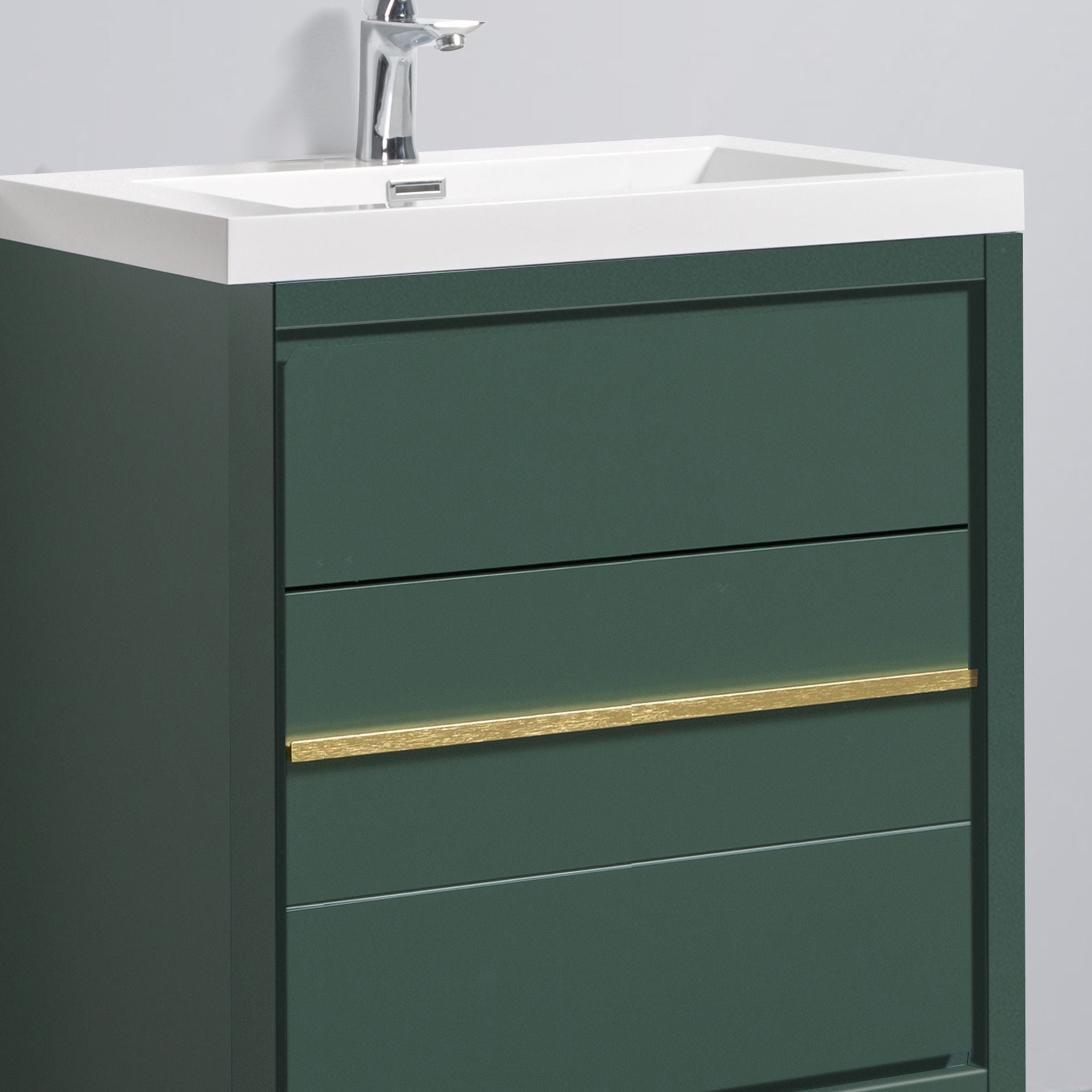Granada 29.5 Nordic Green With Brush Gold Handle Cabinet, Square Cultured Marble Sink, Free Standing Modern Vanity Set