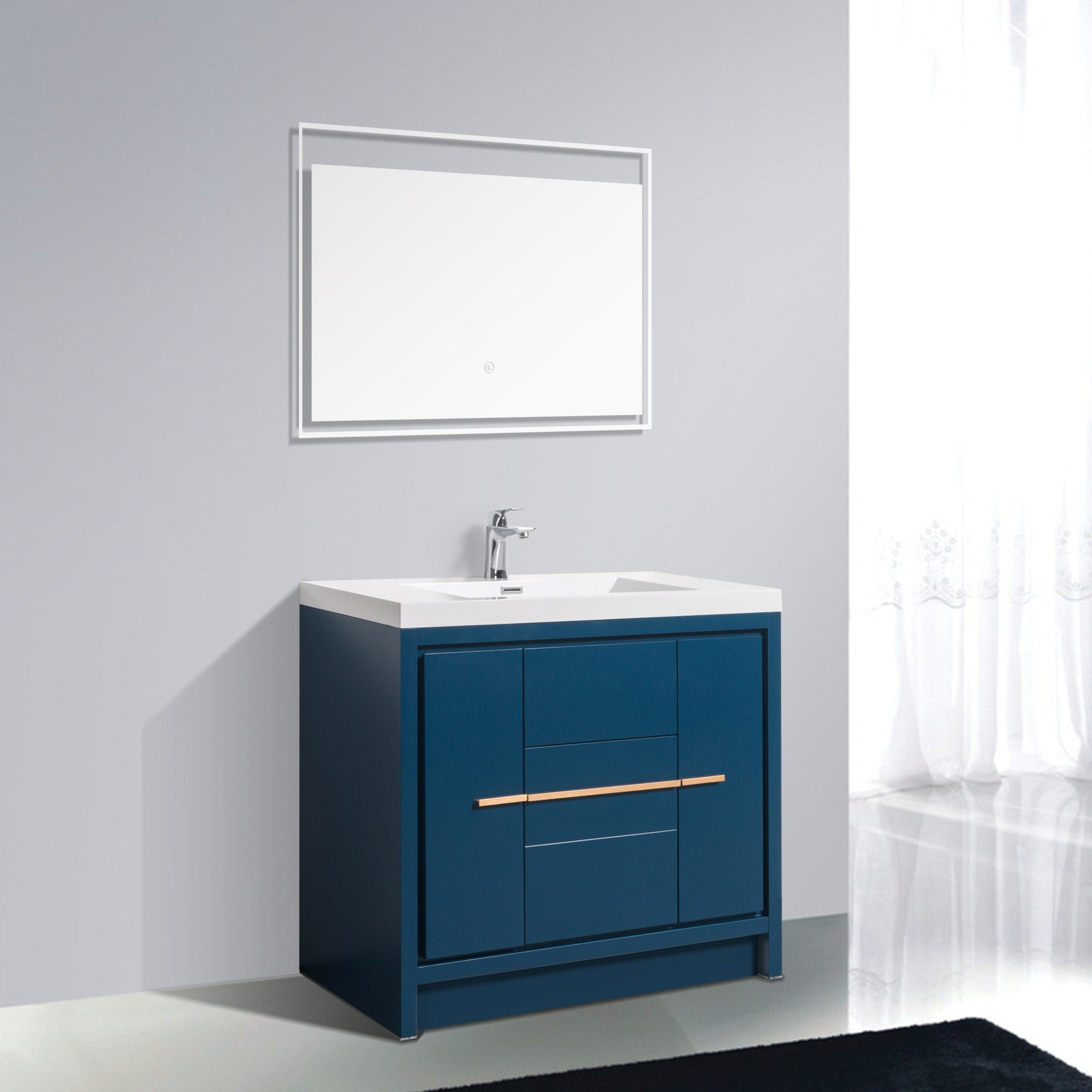 Granada 35.5 Matte Blue With Brush Rose Gold Handle Cabinet, Square Cultured Marble Sink, Free Standing Modern Vanity Set