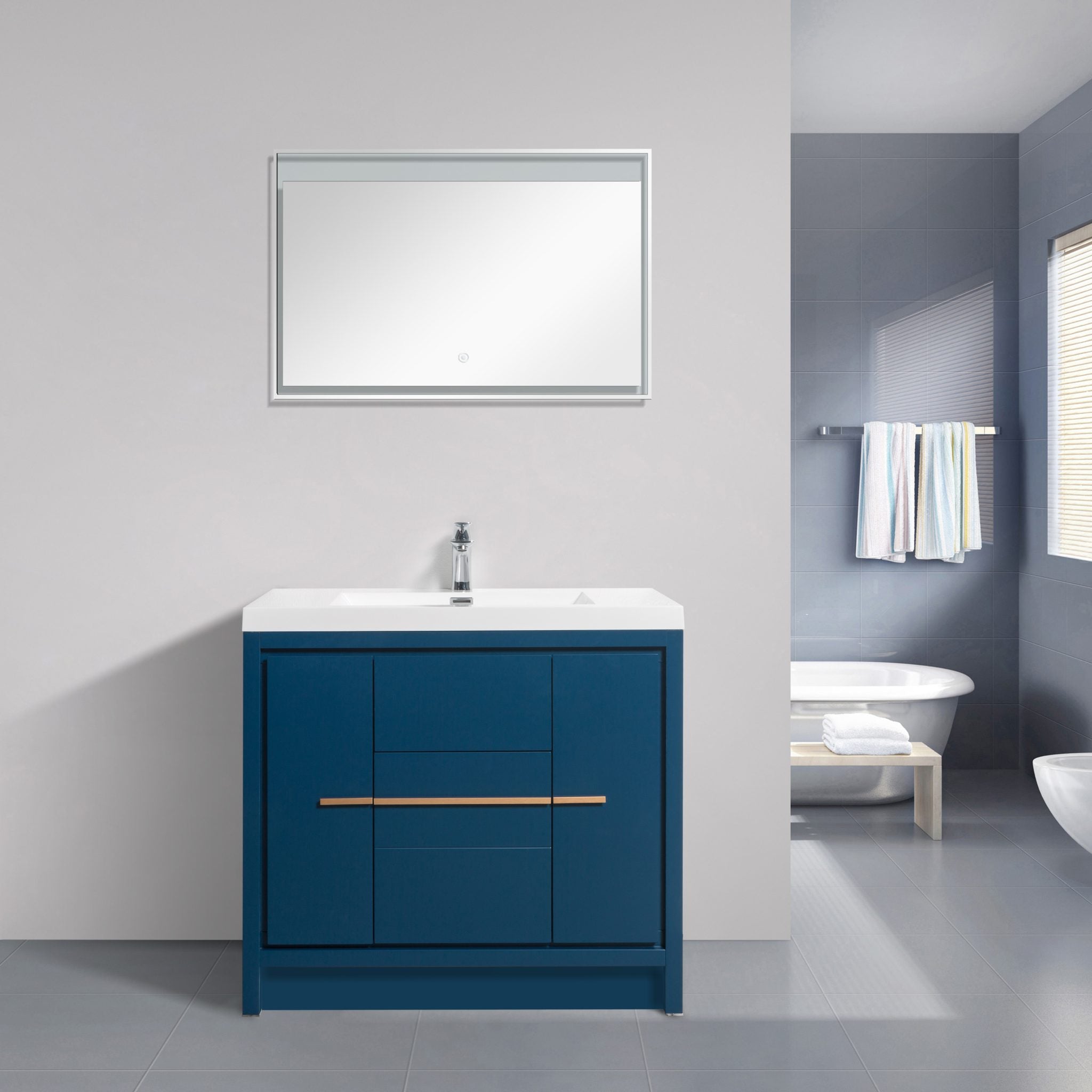 Granada 35.5 Matte Blue With Brush Rose Gold Handle Cabinet, Square Cultured Marble Sink, Free Standing Modern Vanity Set