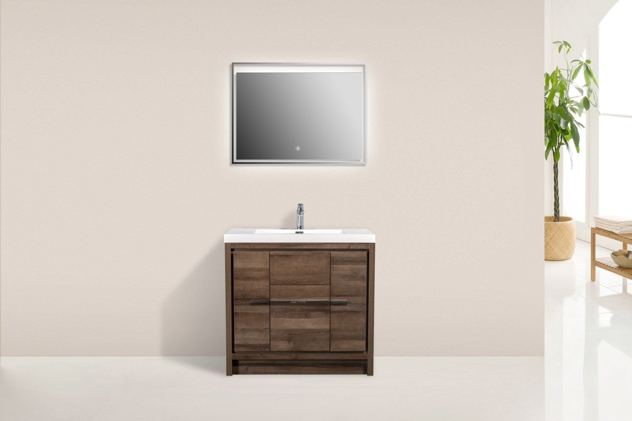 Granada 35.5 Brown Oak With Chrome Handle Cabinet, Square Cultured Marble Sink, Free Standing Modern Vanity Set