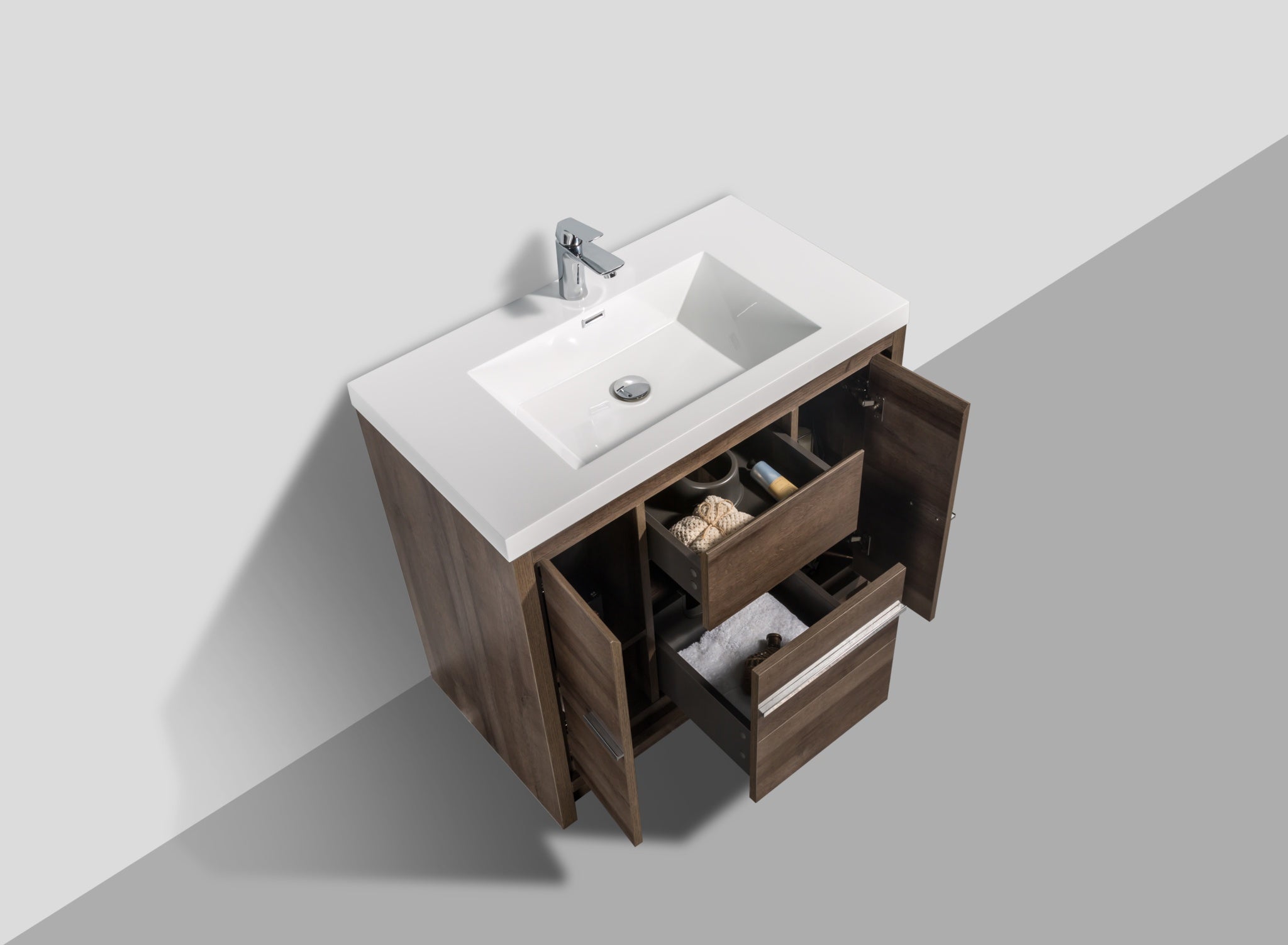 Granada 35.5 Brown Oak With Chrome Handle Cabinet, Square Cultured Marble Sink, Free Standing Modern Vanity Set